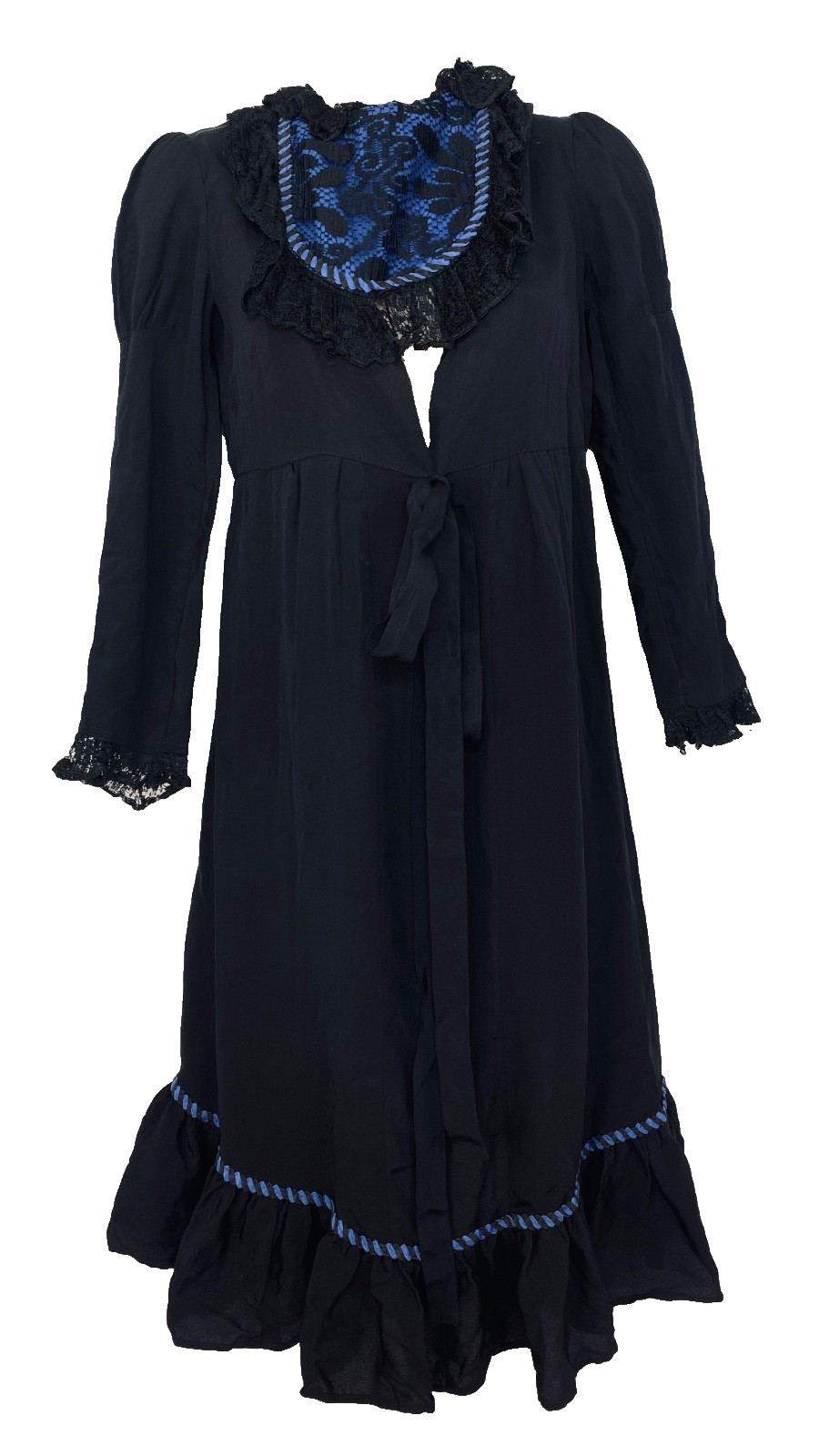 Vintage 1900s black dress XXS teen girls’ long puffed sleeves blue lace midi