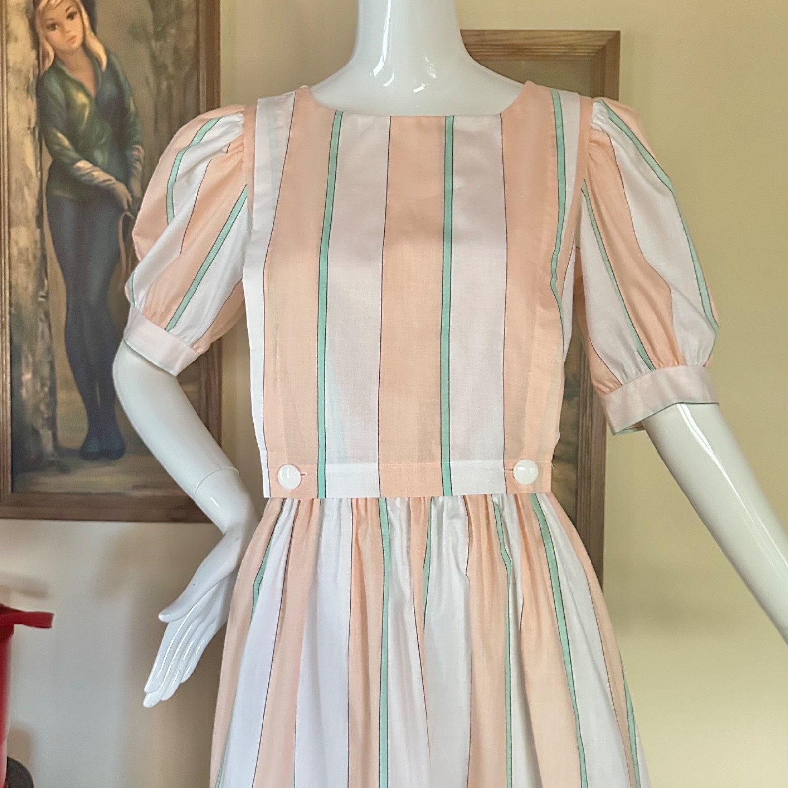 Vintage 1980s Preppy Ice Cream Pastel Striped Apron Day Dress Puff Sleeves M