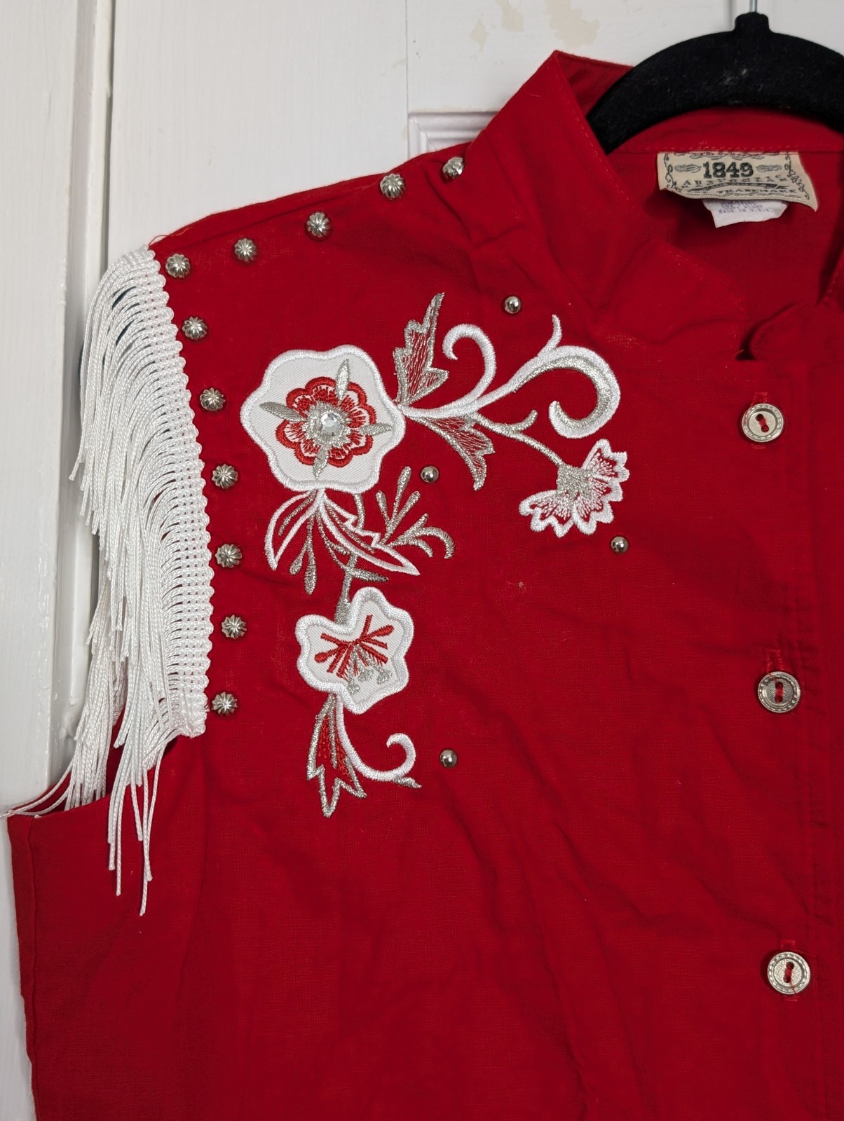 Vintage 1849 Authentic Ranchwear Red Fringe Western Vest Top Floral Embroidered