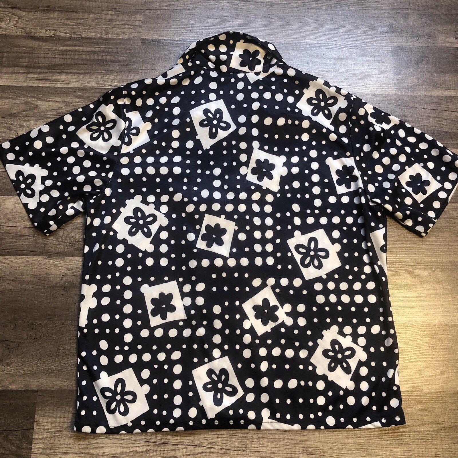 VTG 80s BLAIR Polyester Smock Shirt Womens M Blue Floral Short Sleeve Button Up