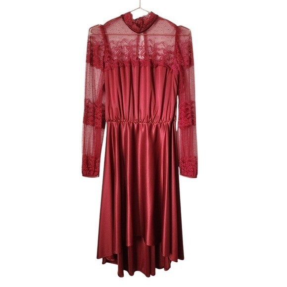 JCPENNY x VINTAGE Lace neckline Dress long sleeve in wine red