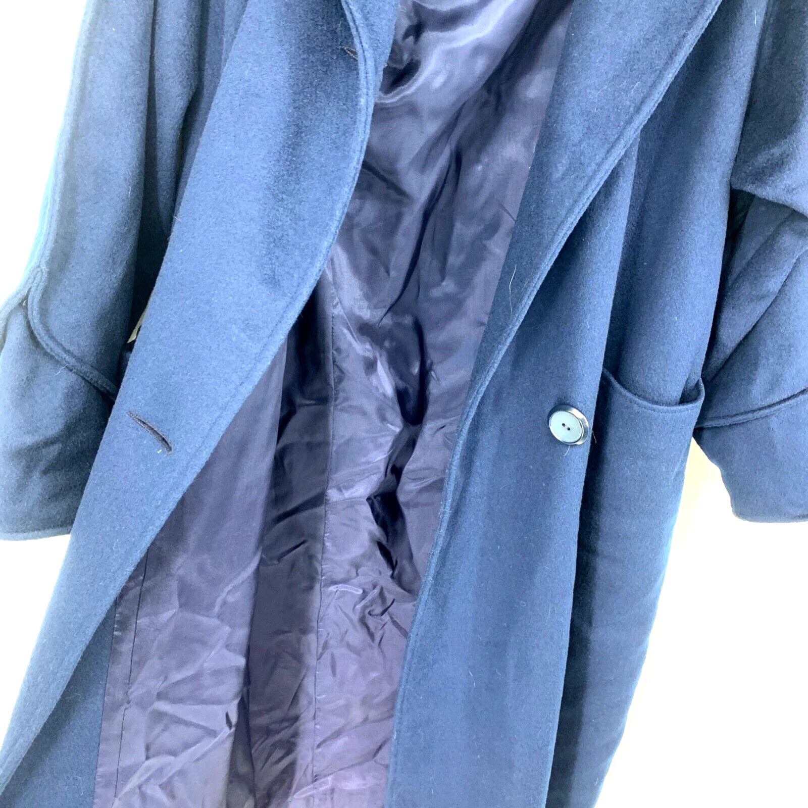 Vintage Ladies Wool Long Trench Coat Portrait by Stevens Union Made in USA Blue