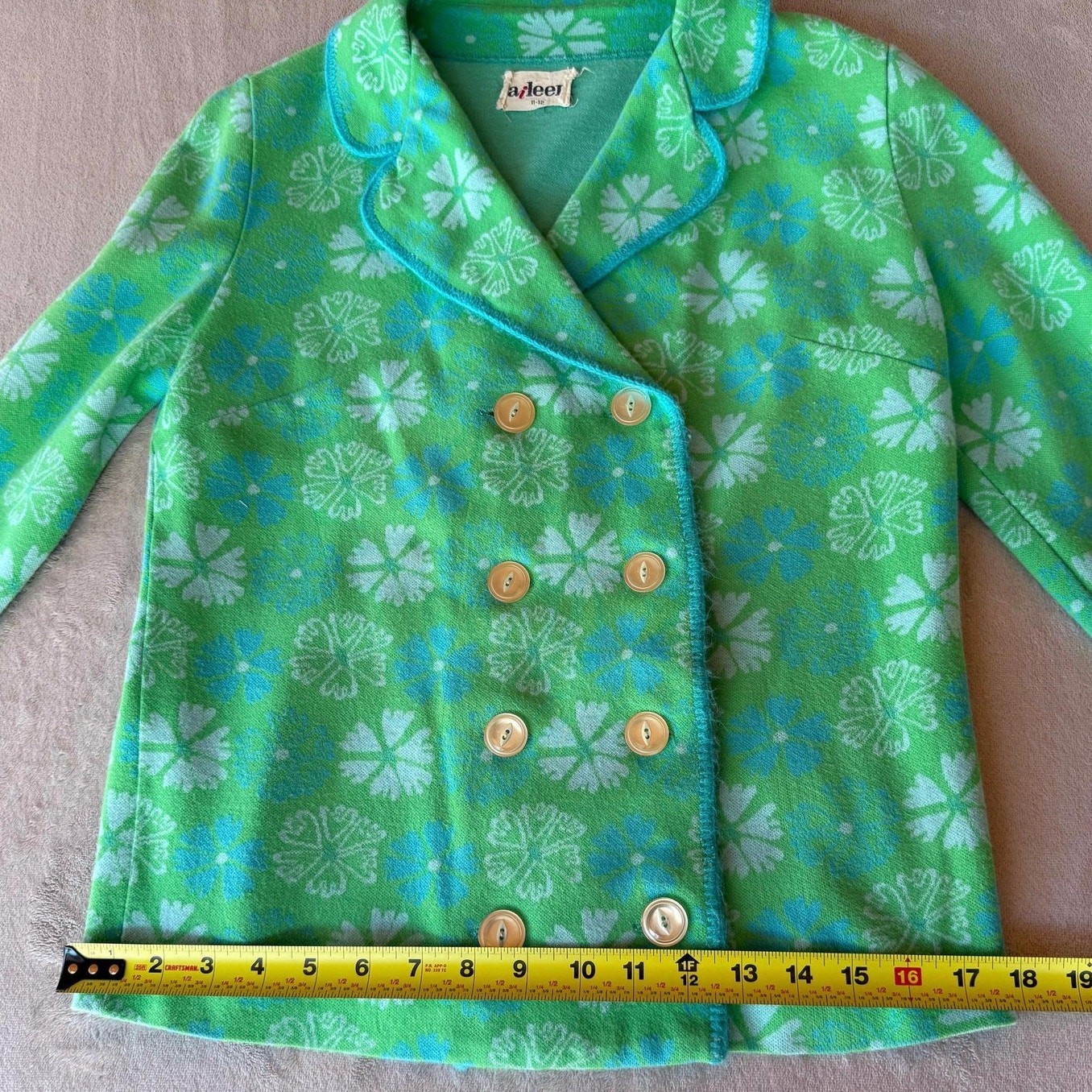 1960s Mod Floral Knit Blazer Jacket, Green Blue Orlon Double Breasted