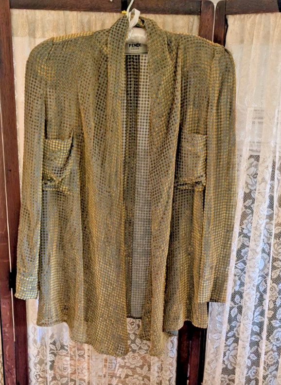 Vintage 80’s 90’s Fendi Rayon Silk Velvet Gold Blue Jacket Top Italy S 4 – 6
