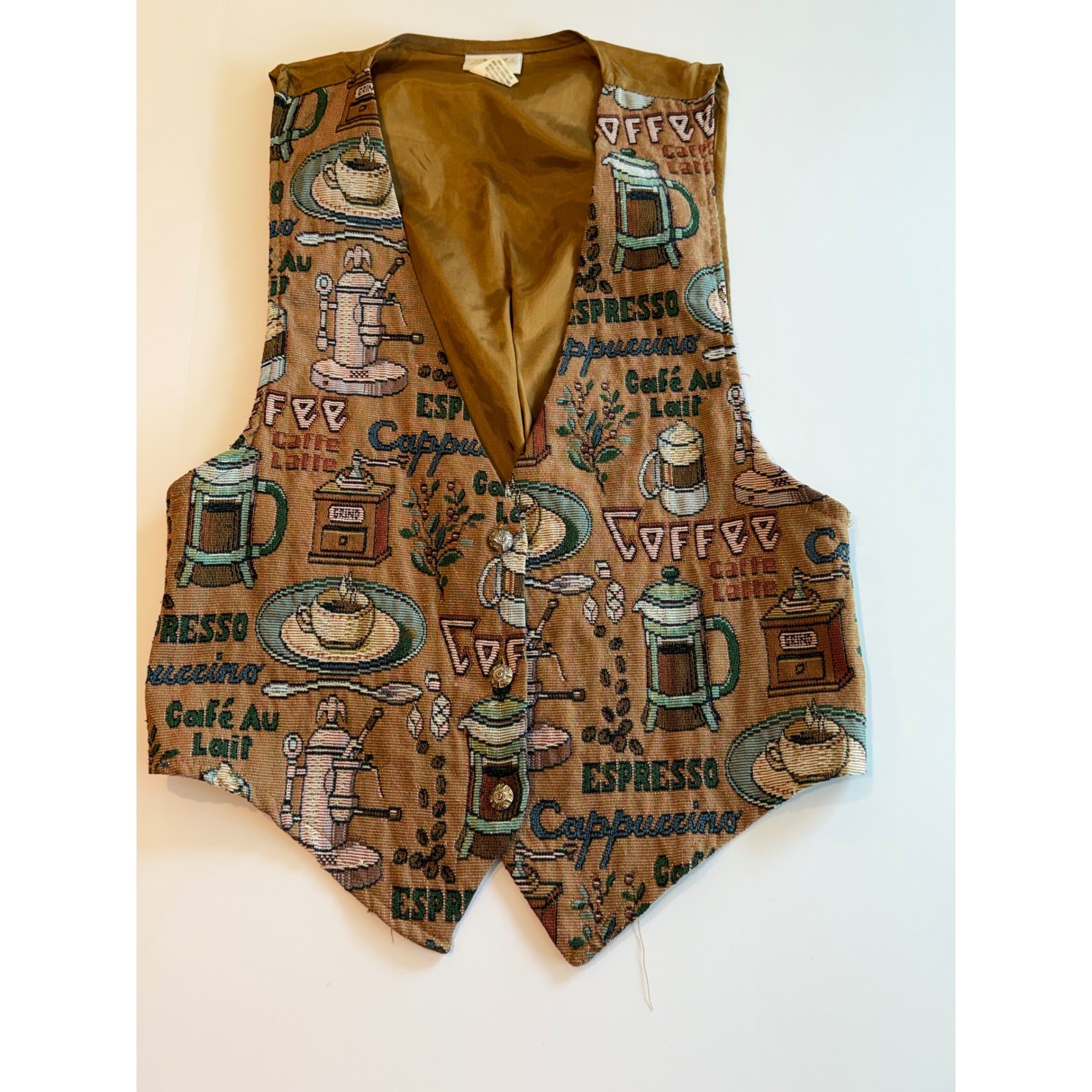 Vintage Backroad Blues Coffee Tapestry Vest Brown Espresso French Press 90s USA