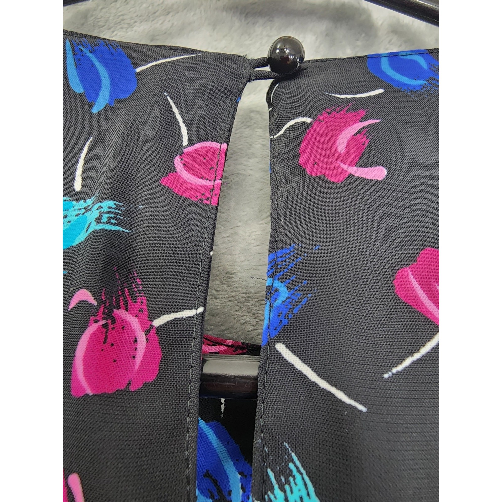 Vintage 80s JB Too Abstract Floral Blouson Pleated Day Dress Size 8 Black Pink