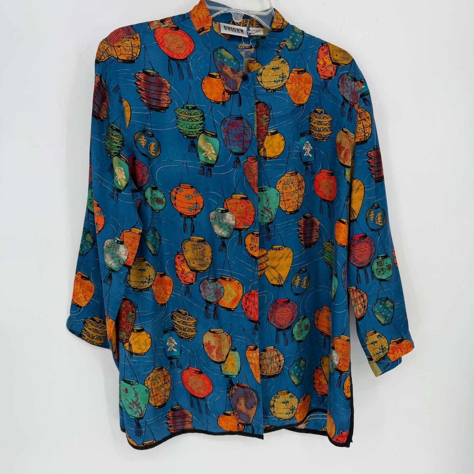 Chicos Design Vintage 100% Silk Chinese Lantern Print Blouse Blue Size 1