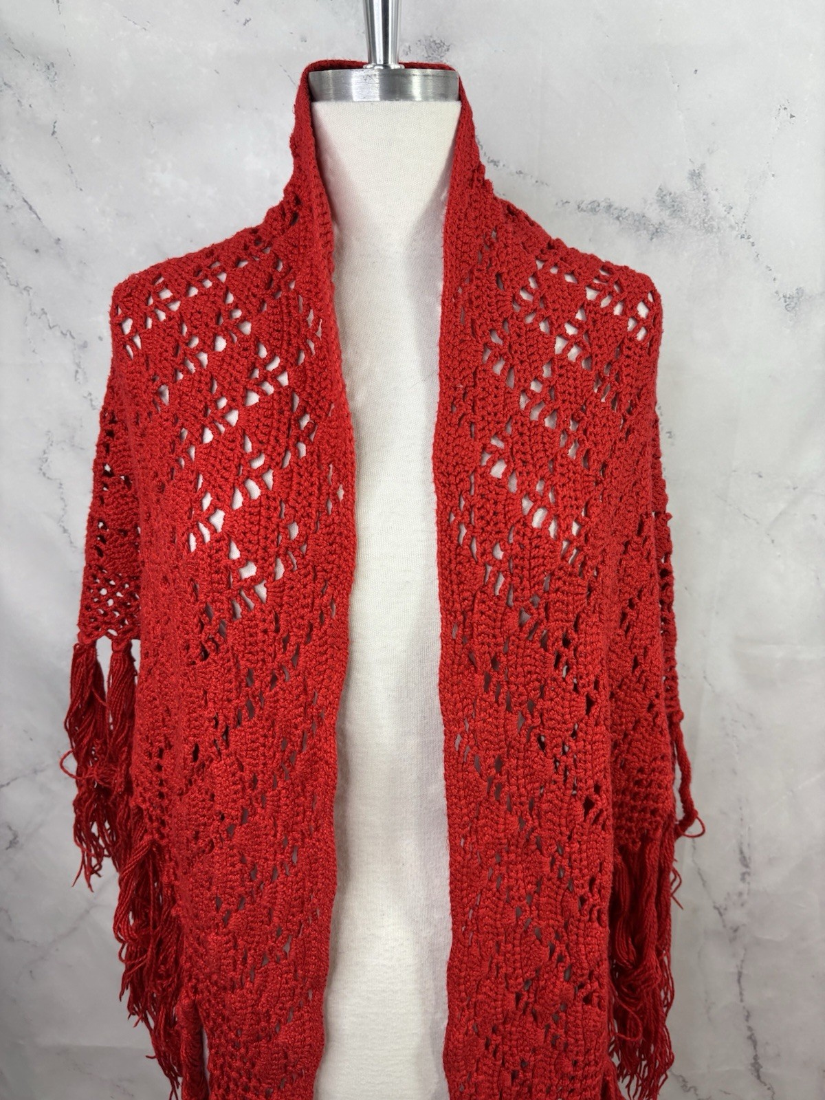 Vintage 70s Crochet Knit Shawl Red Cape Wrap cottagecore Boho Hippie Festival