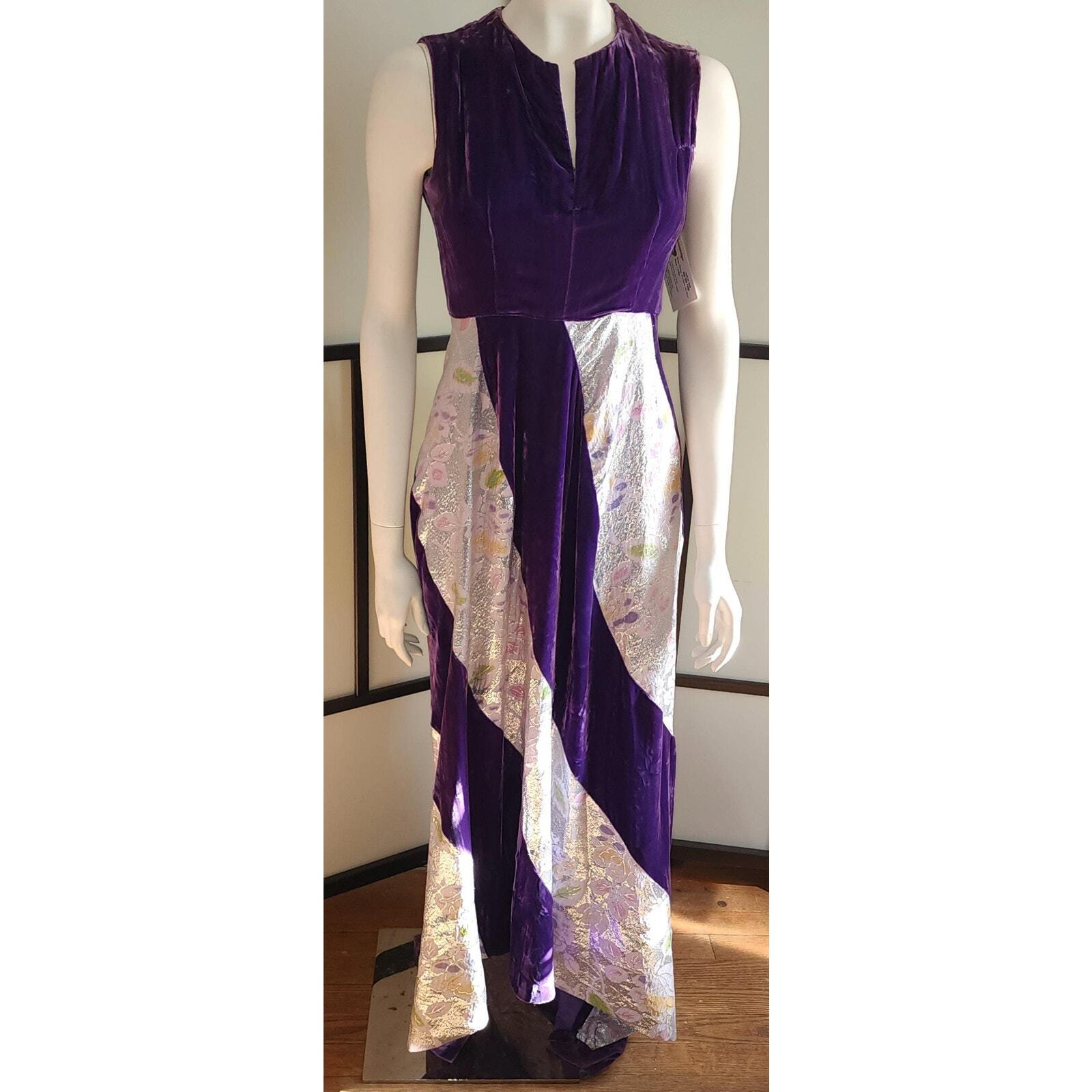 Vtg 60s Long Purple Velvet Gown Silver Metallic Insets Bias Skirt New Orleans S