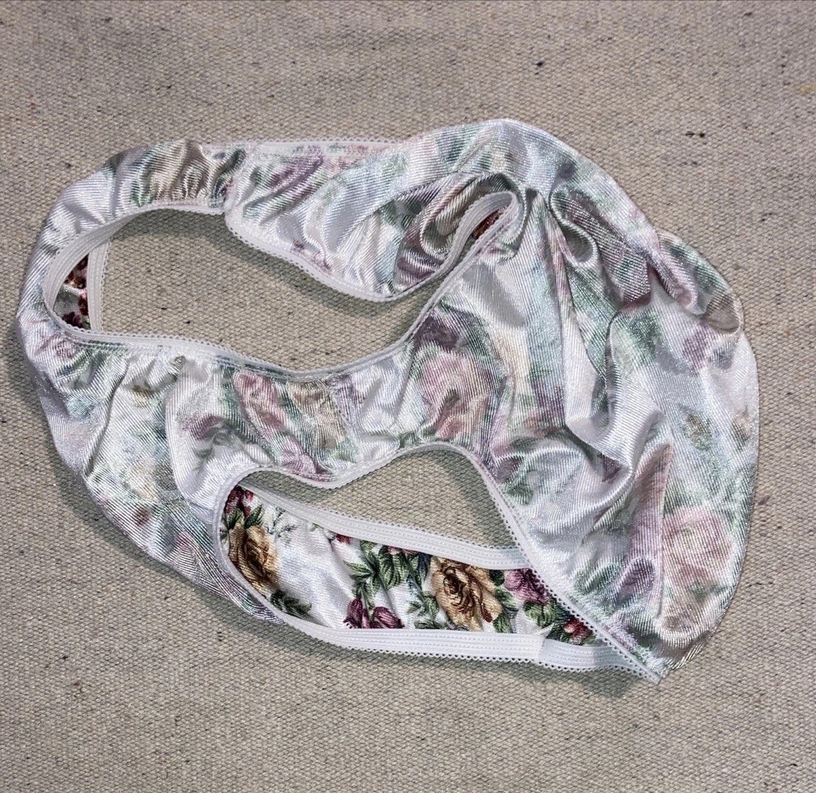 Vintage Petra Rose Garden Print Nylon Satin White Pink Green Panties