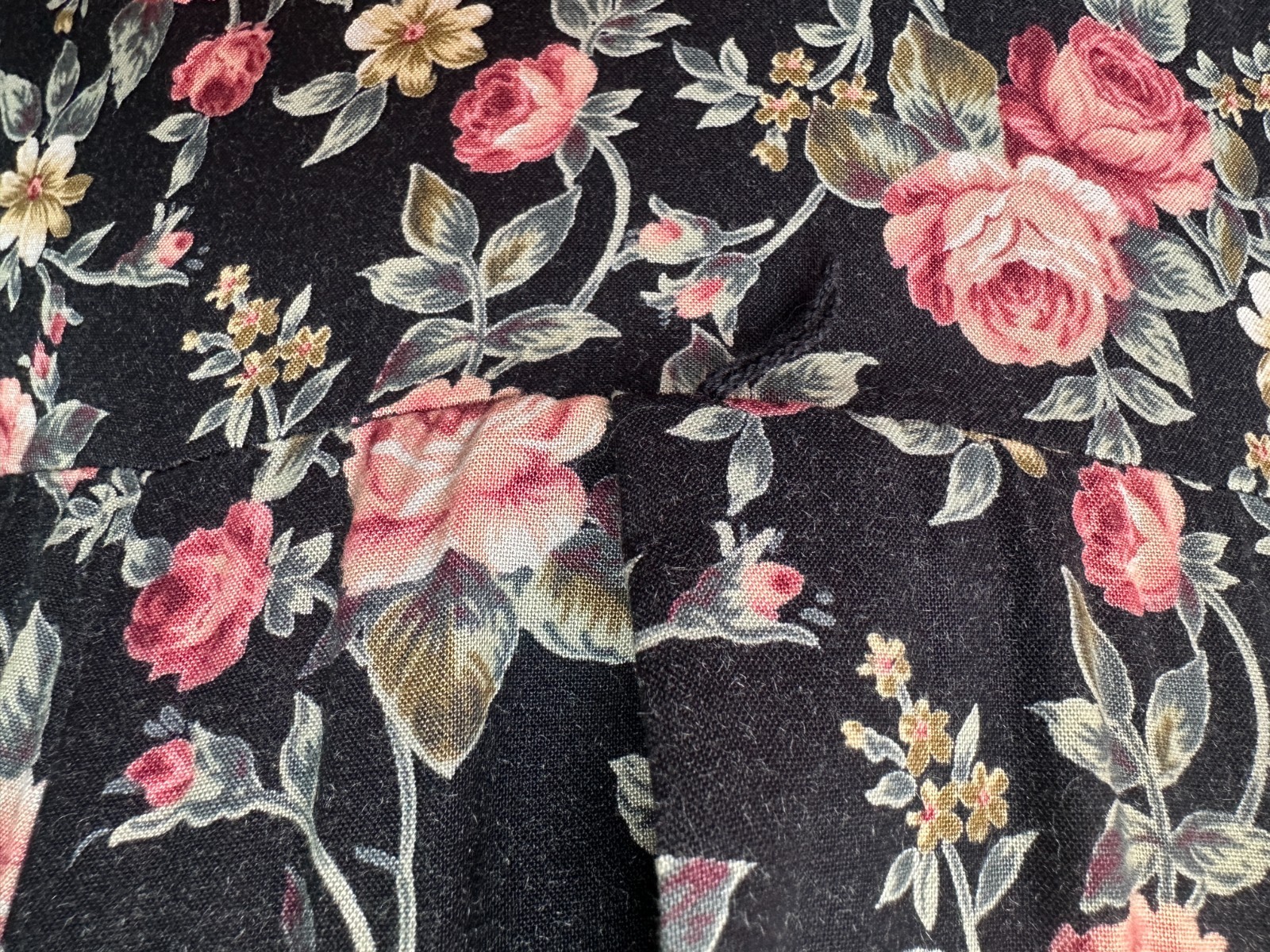 Vintage 1980s Black Pink Green Floral Rayon Dress