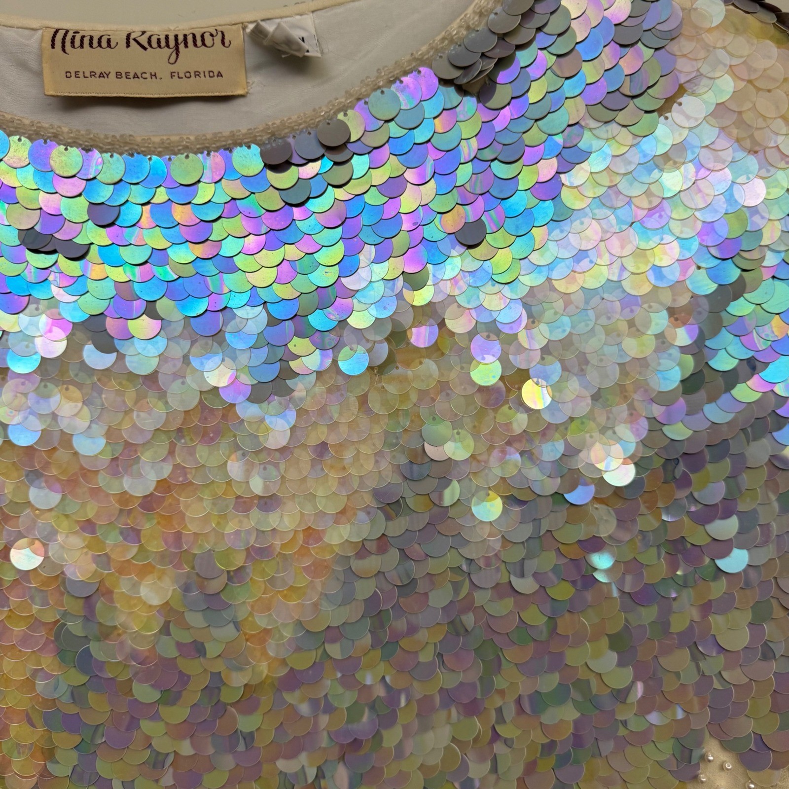 VTG Nina Raynor Top Small AMAZING 100% Silk Iridescent Sequin Beaded Mermaidcore