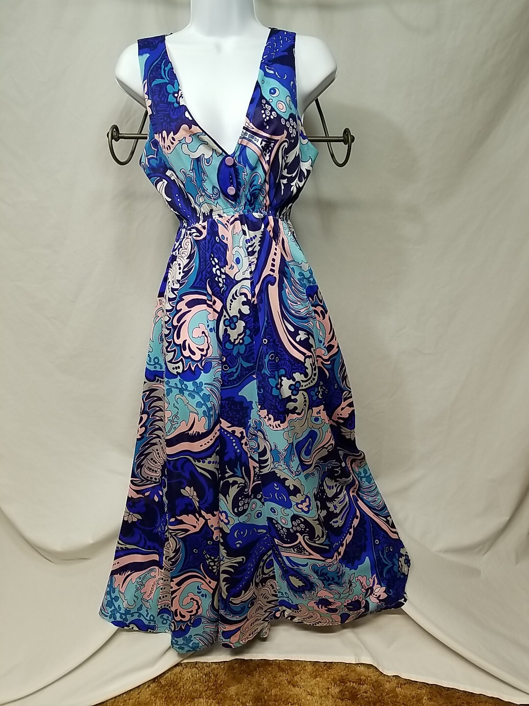 Spotlight Co Vintage Blue Pink Floral Deep V-neck Long Nightgown Vtg Size 16/18