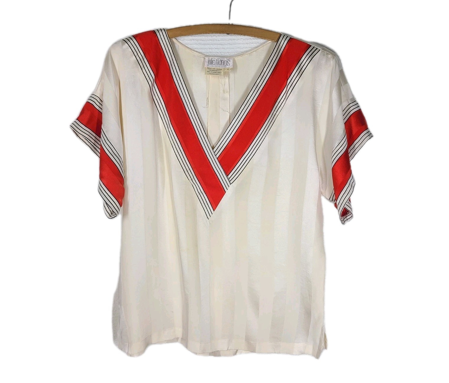 Vtg 100% Silk Shirt Stripes Julie Francis Retro Deep V Neck Top Womens 8 M