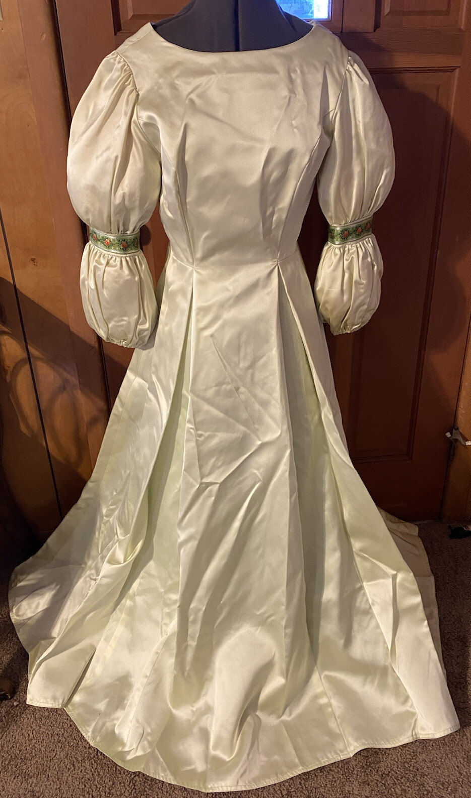 VTG 80s Mint Green Bridesmaid Dress Long Puff Sleeve Taffeta Prairie Cottage