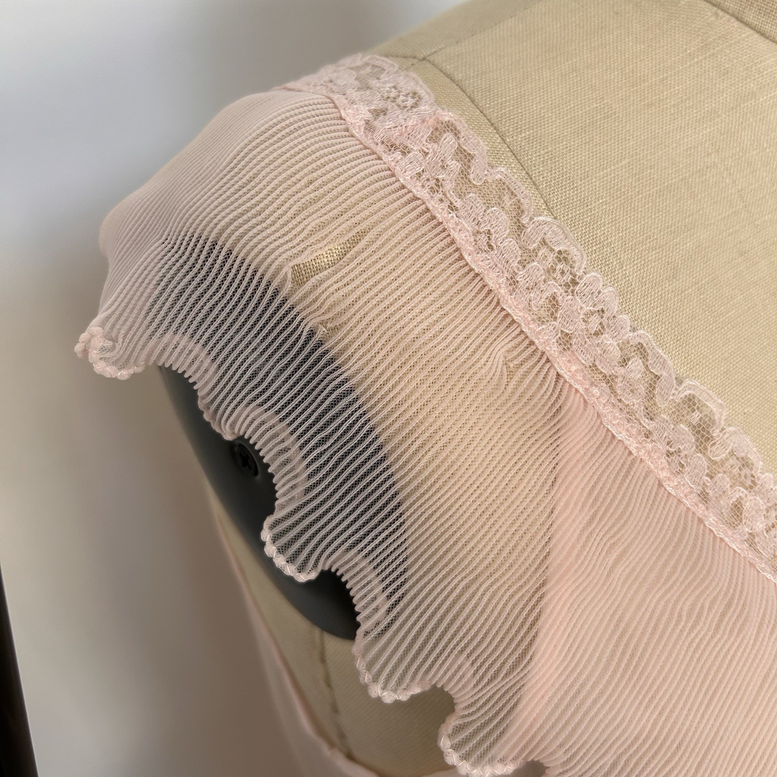 Pink sheer vintage maxi dress with damaged lace trim and ruffle details.