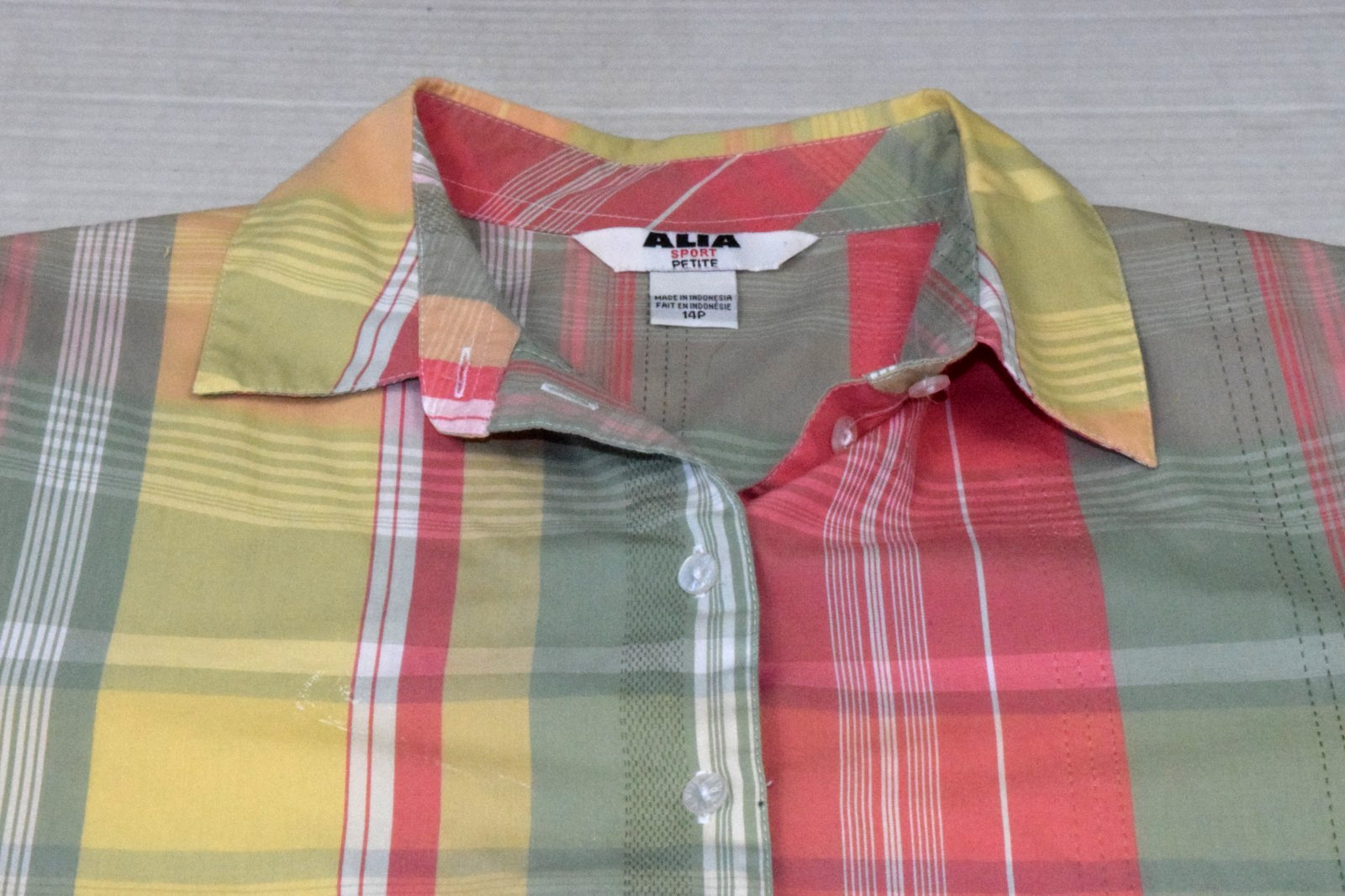 Vintage Plaid Shirt Alia Size 14 90s Button Up Pink Green Yellow Shoulder Pads