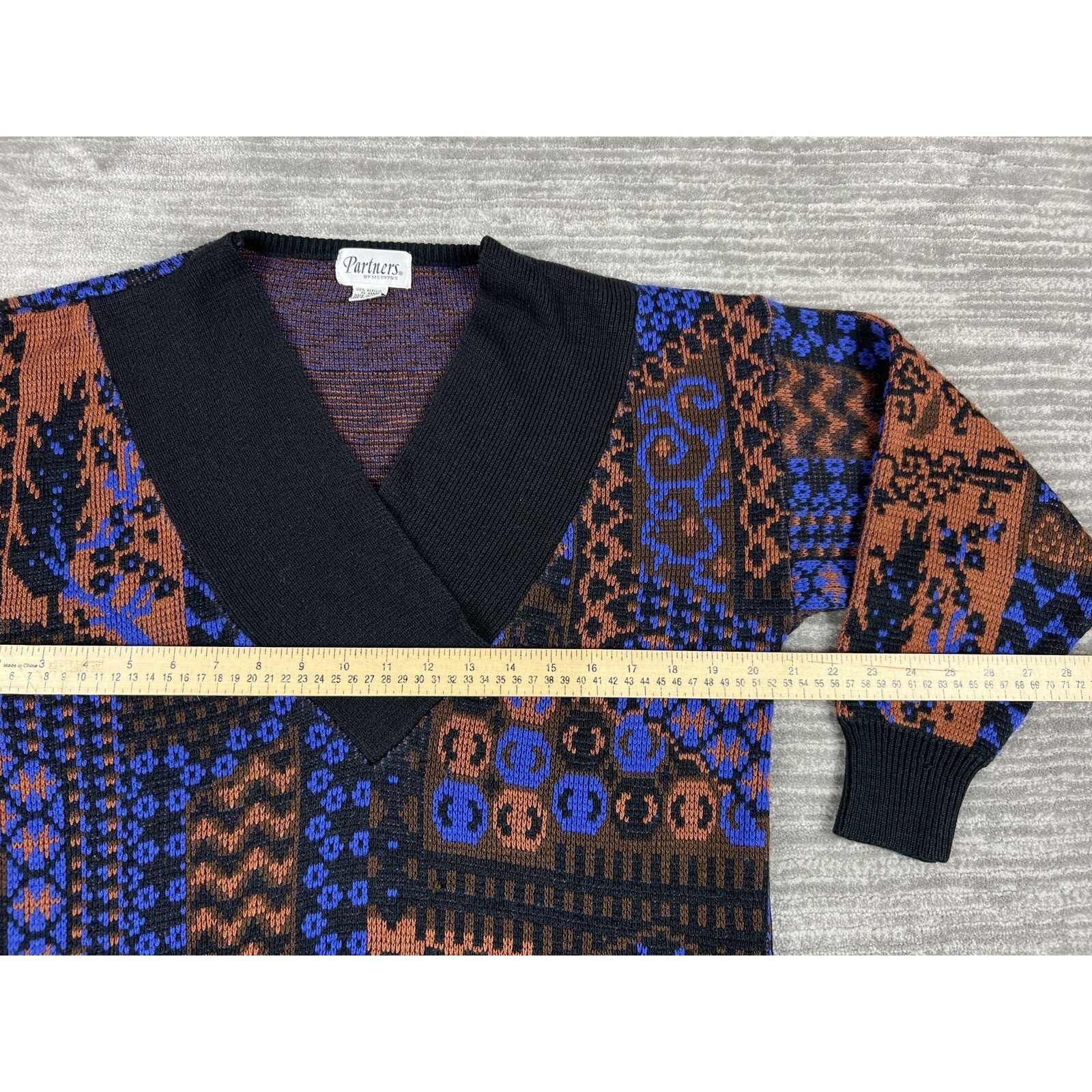 Partners by Mervyns Sweater Women Medium Blue Brown Vintage Patchwork V-Neck 80s