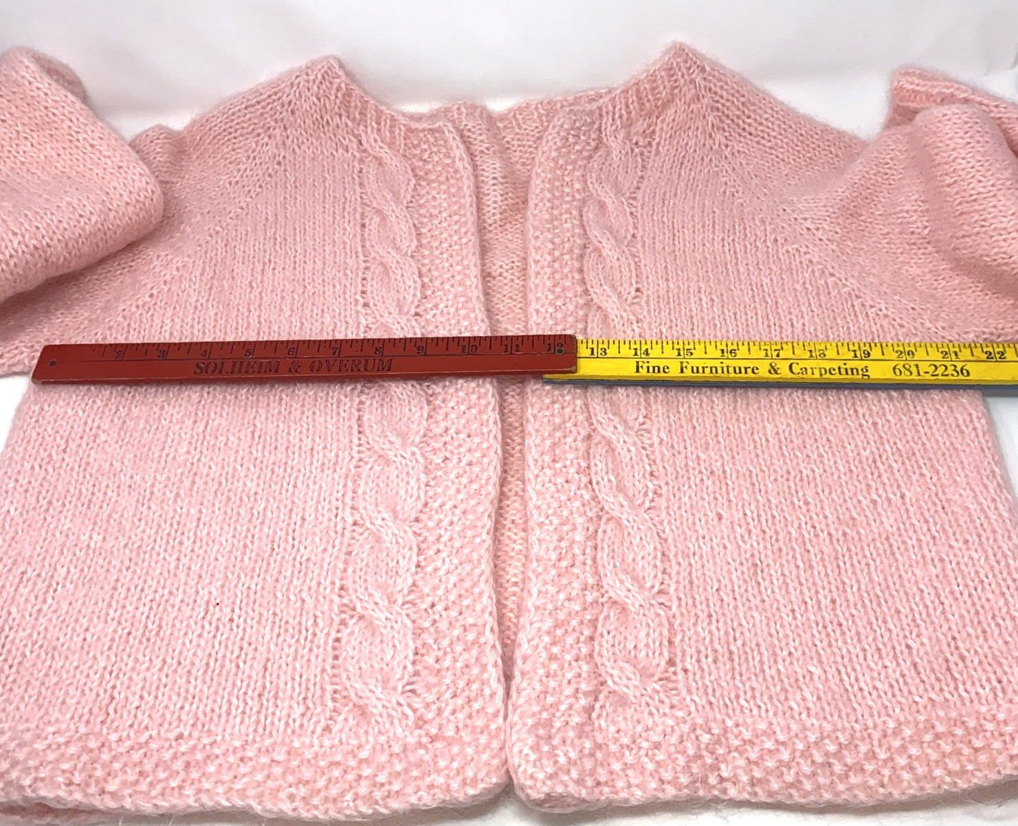 Vintage Pink Mohair Cardigan Hand Knit Cable Stitch Large