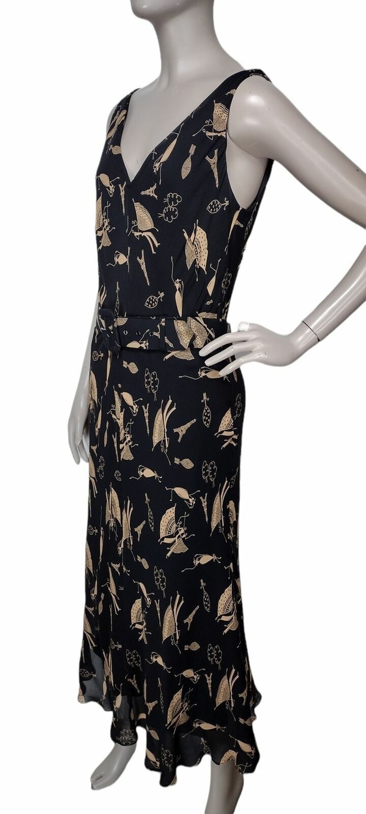Vintage 90s 100% Silk Black Gold Paris Flamenco Dancer All Over Print Dress