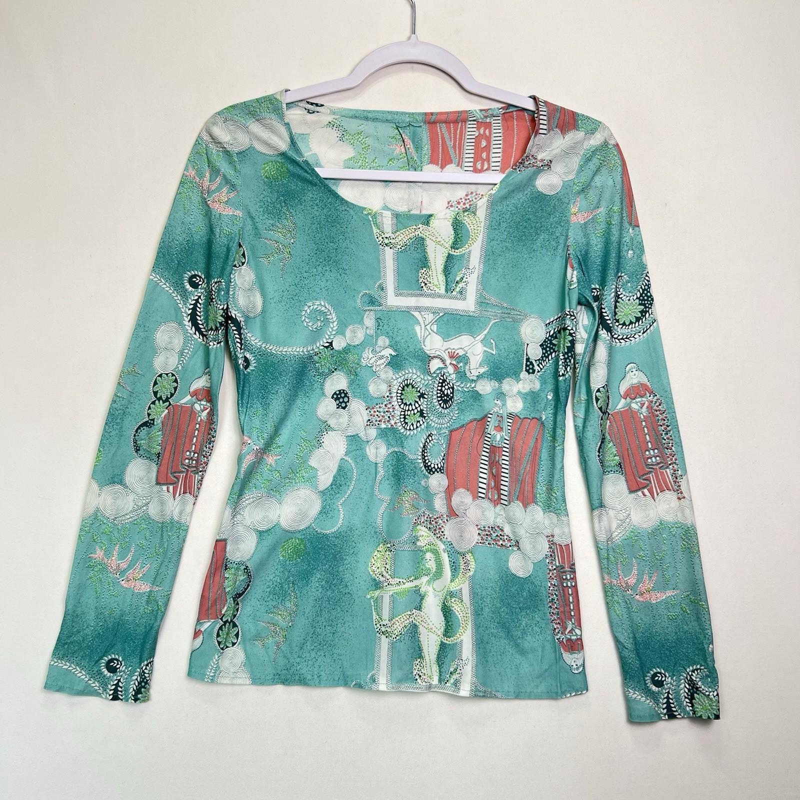 Vintage Art Deco Novelty Print Top Artistic Surreal Graphic Long Sleeve Sz Small