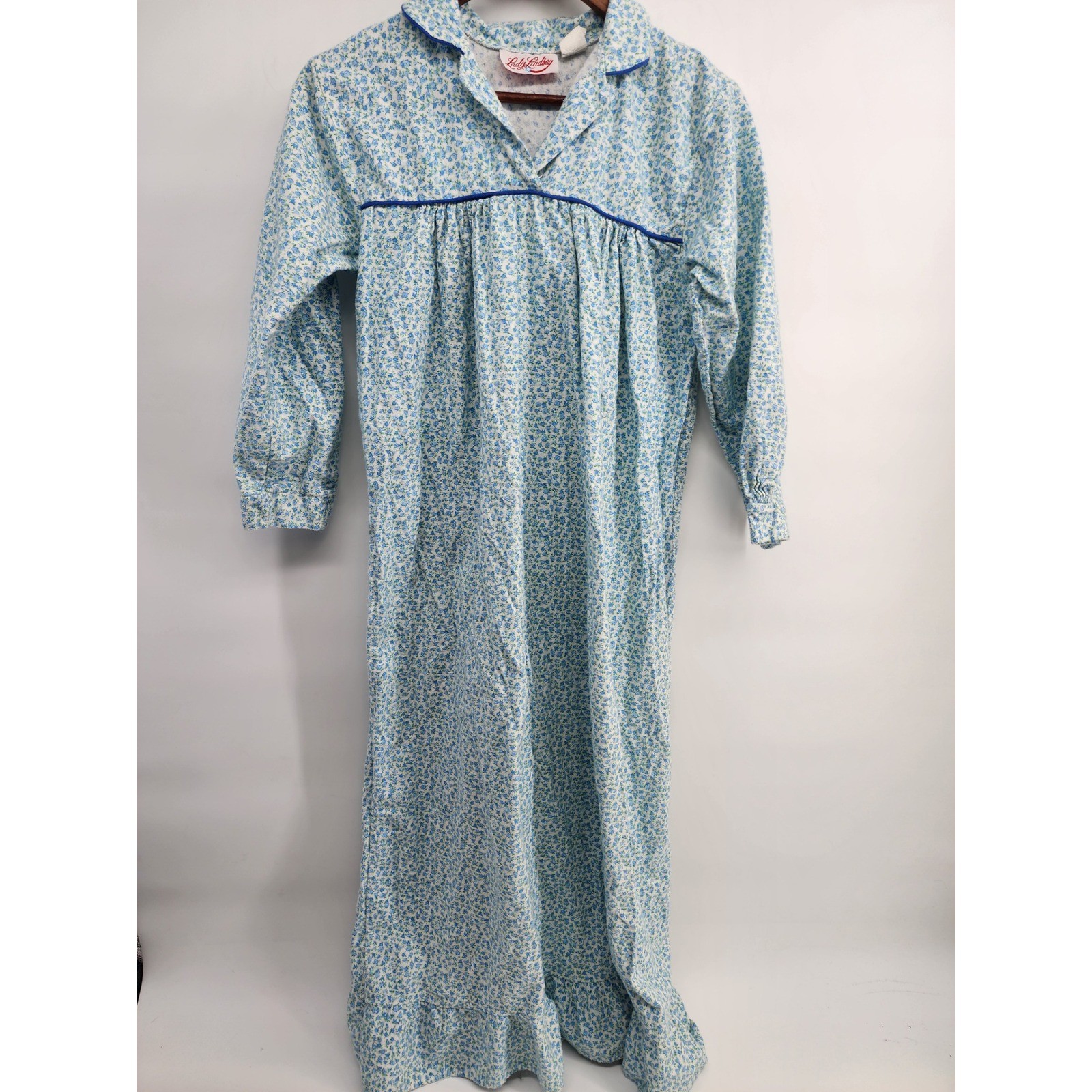 Lady Lindsay Vintage Floral Nightgown Blue Cotton Long Sleeve Ruffle Hem Medium