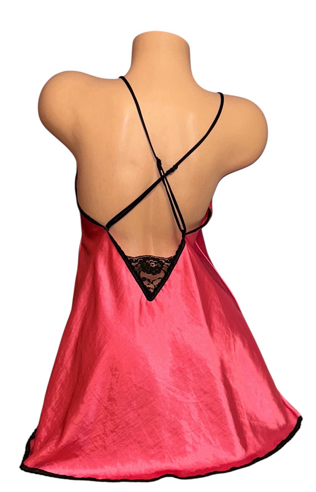 LADY CAMEO Pink Shiny Satin Black Sheer Lace Trim Nightie Nightgown S NOS