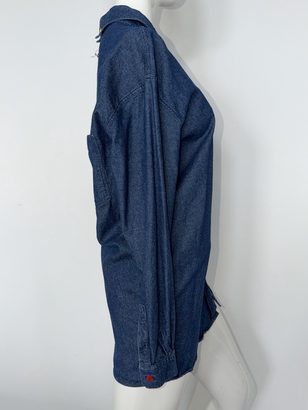 VTG 90s Franco Moschino Jeans Iconic Backwards Heart Peace Signs Denim Shirt MED