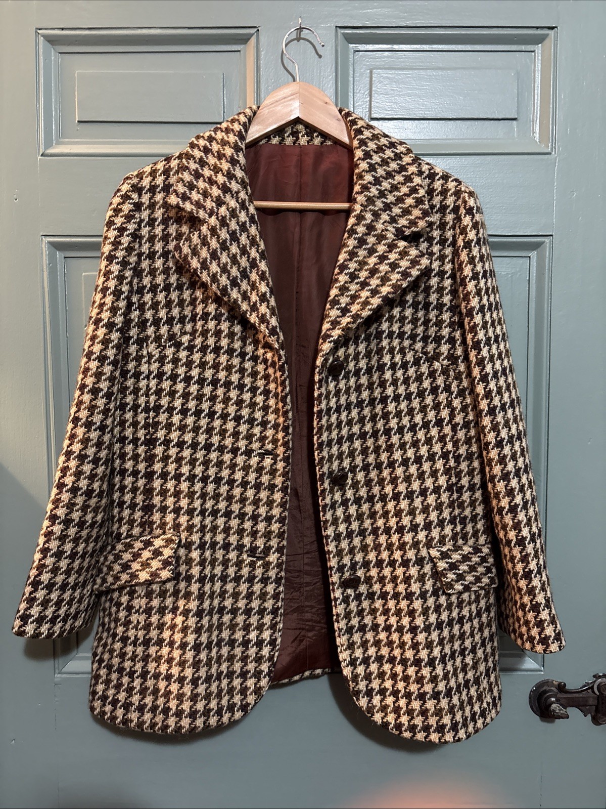 International Ladies Garment Workers Union Brown Beige Wool Houndstooth Coat 60s