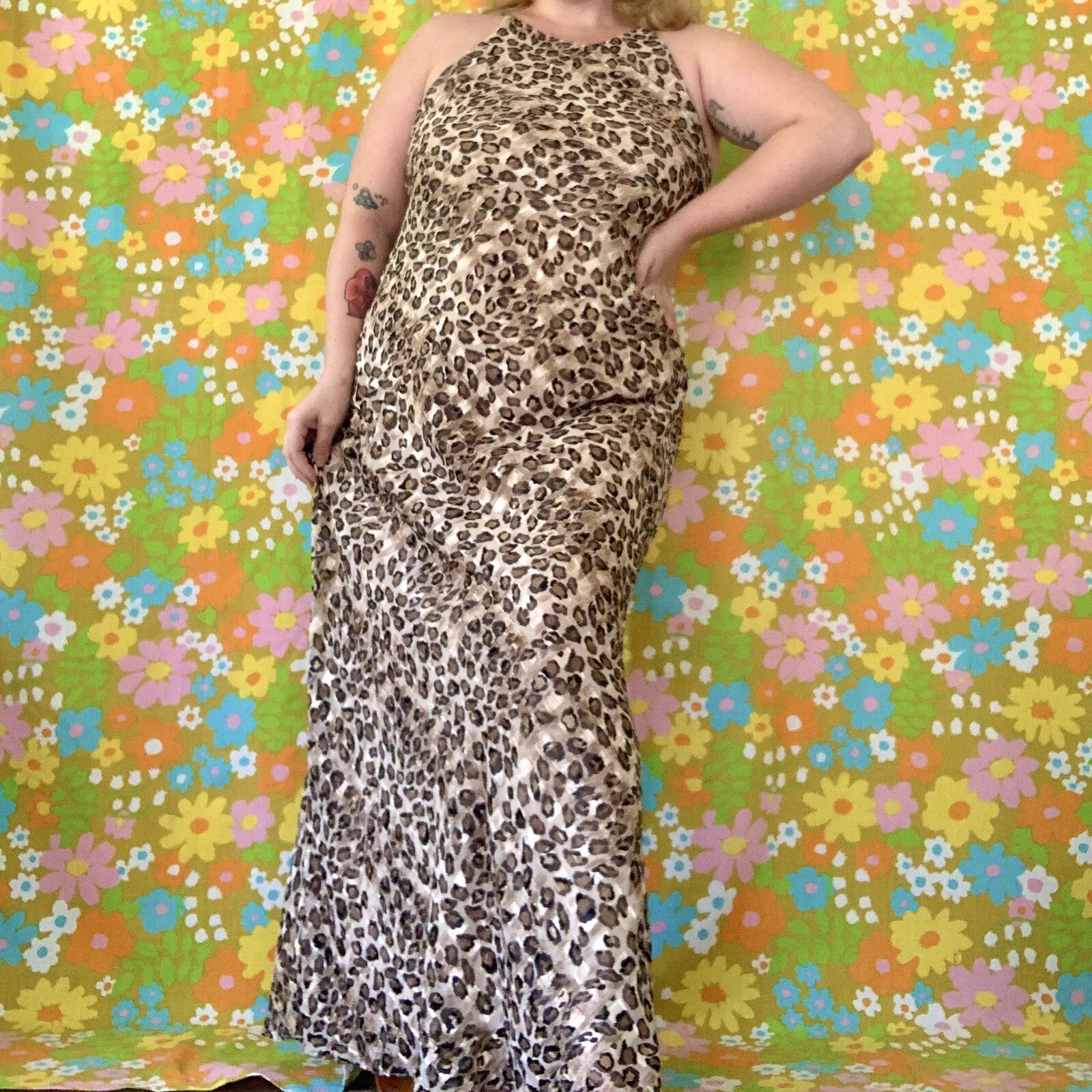 Vintage 1990s glamorous cheetah print maxi dress size L/XL