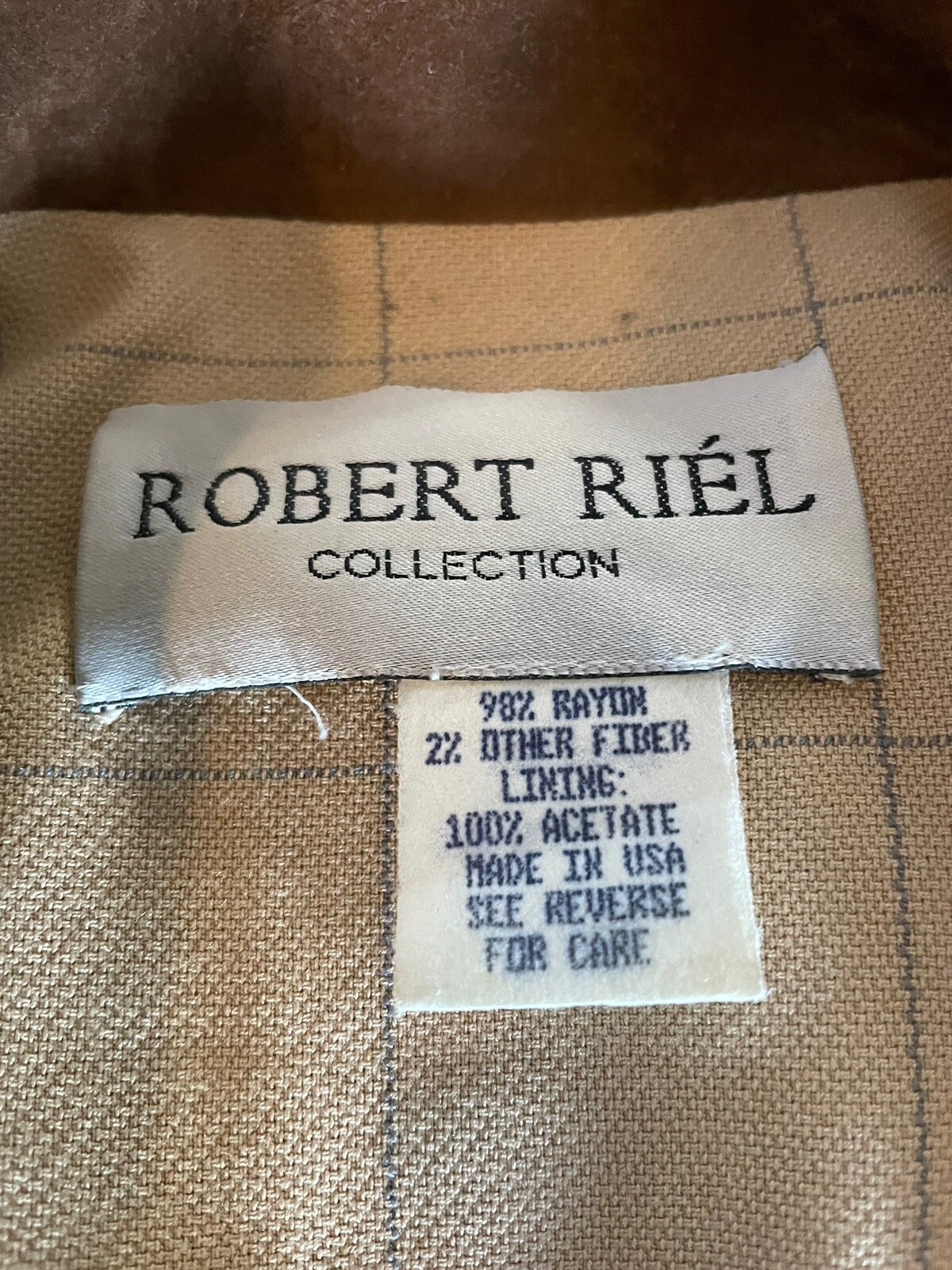 Vtg 80s Robert Riel Collection Coat Dress M-L? Beige Windowpane Faux Suede Trim