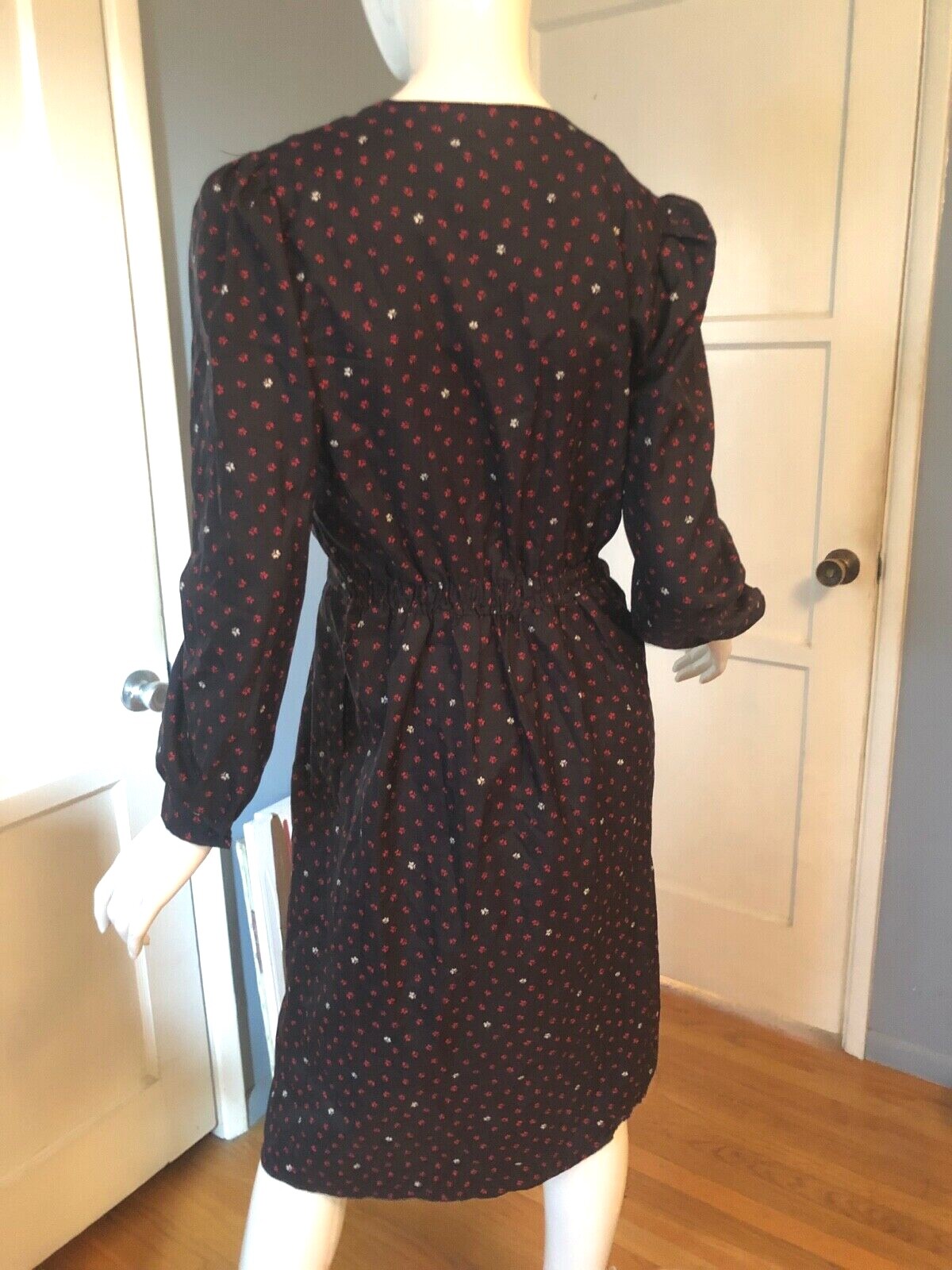 Dress 7 Vtg 70s 80s Poly WHIMSY BUTTERFLY Print PUFF SLEEVE Secretary DISCO S M