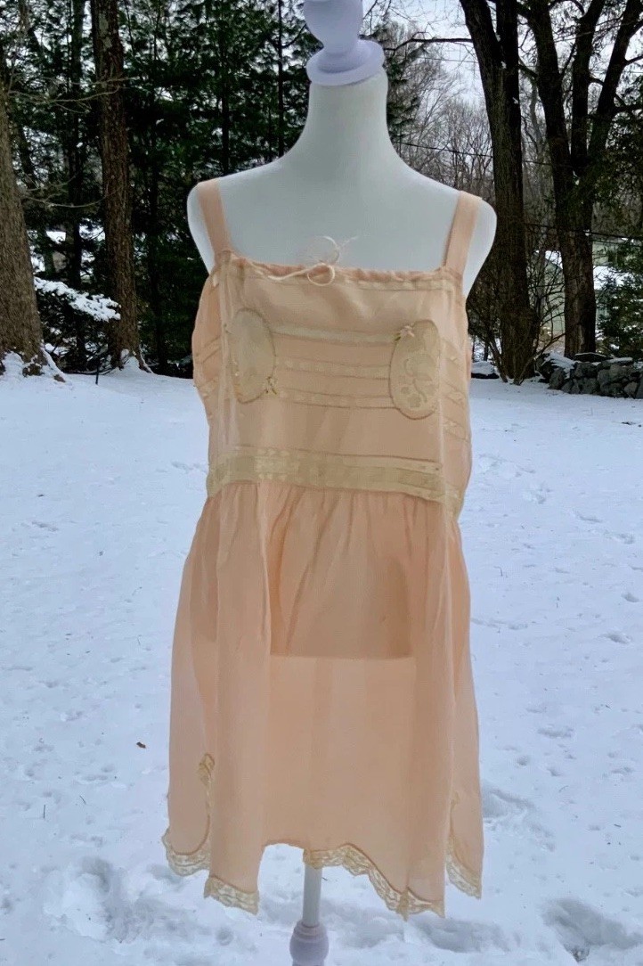 Circa 1912–1918 Blush Pink Silk Chiffon Teddy with Antique Lace – Edwardian Silk