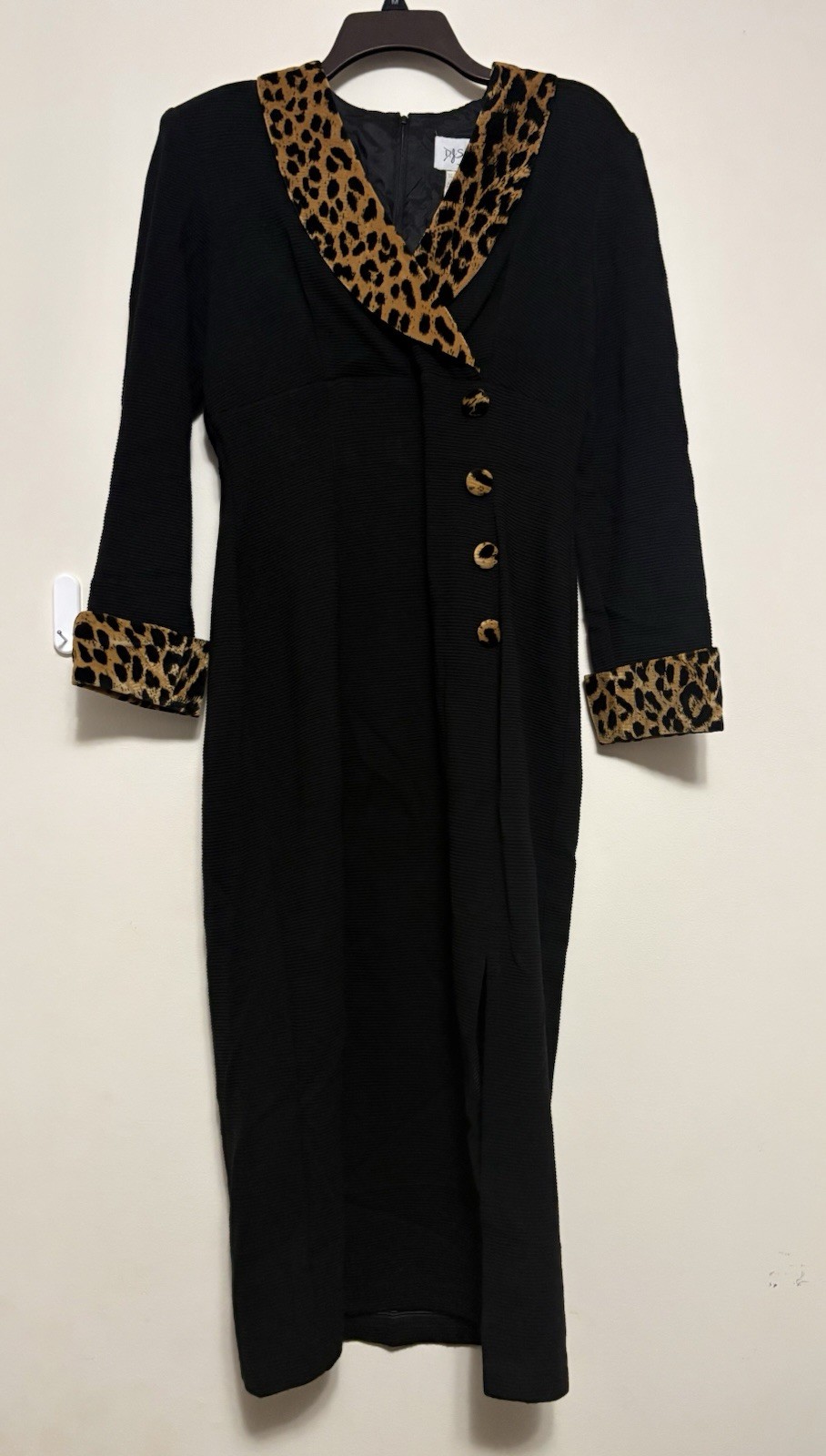 Vintage D.J. Summers Black Leopard Velvet Trim Midi Dress Size 12 Vguc