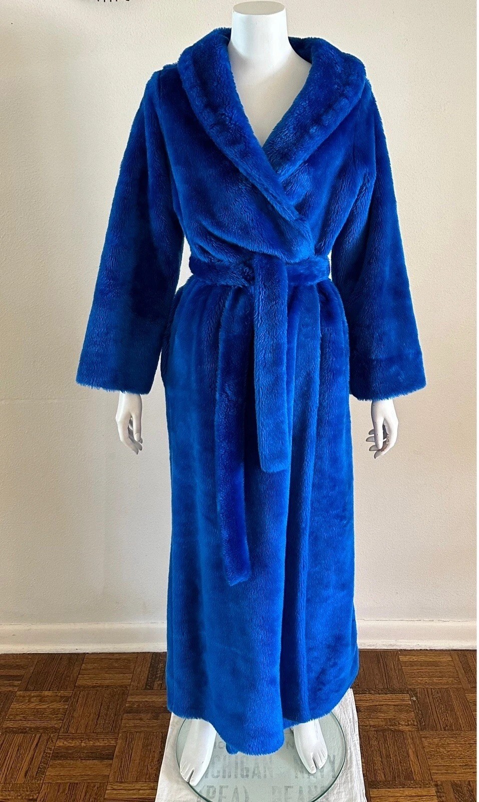 1970s Montgomery Ward Electric Blue Shag Robe Plush Faux Fur Belted Medium VTG