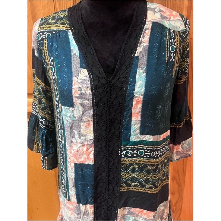 Anthropologie Maeve Patchwork Lace Trim Peasant Mini Dress Tunic Green Size XS