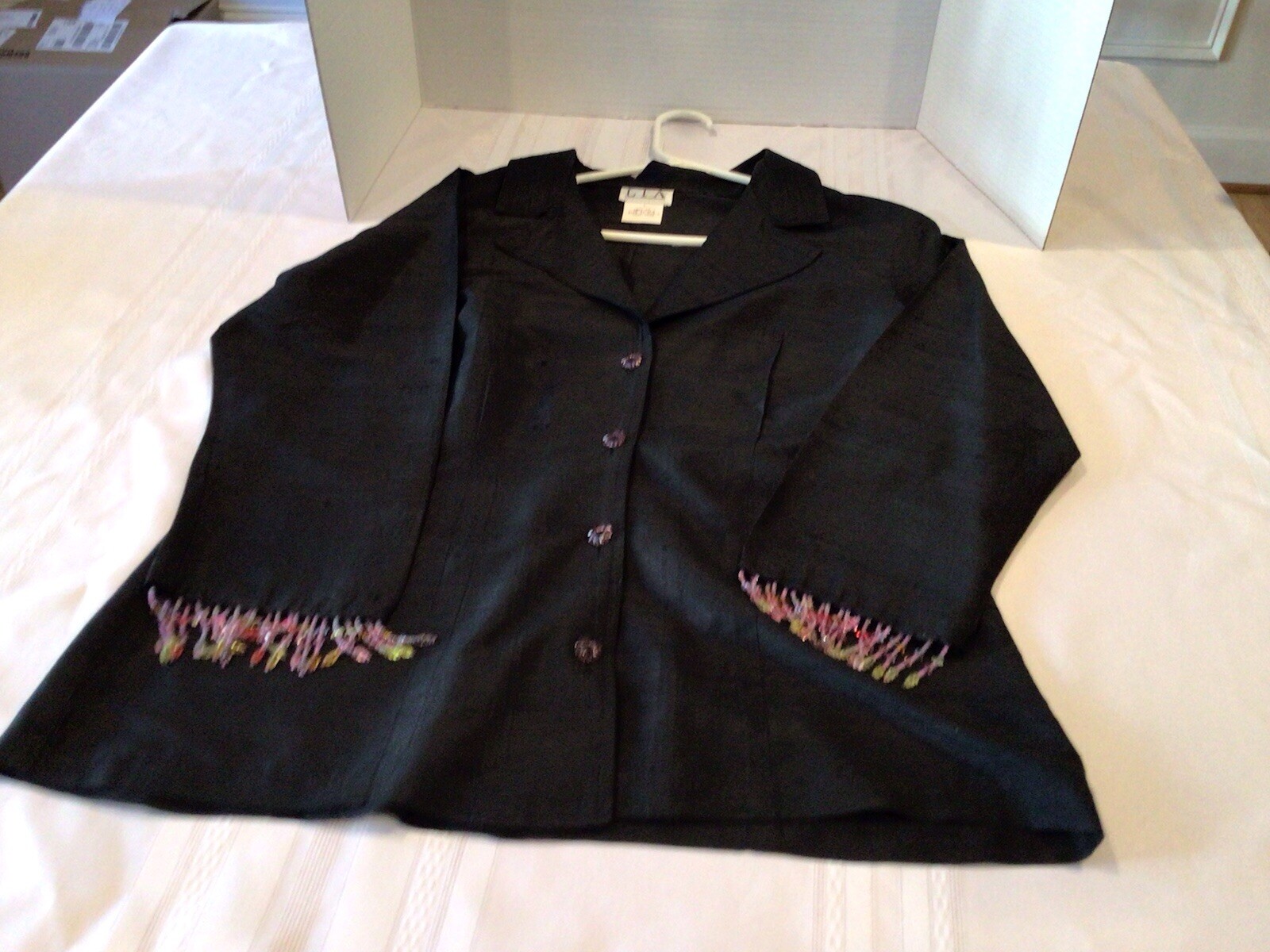 LIA Blouse /Jacket, Woman’s Large , Beaded Sleeve Edges, Black, Runs Small, Vtg