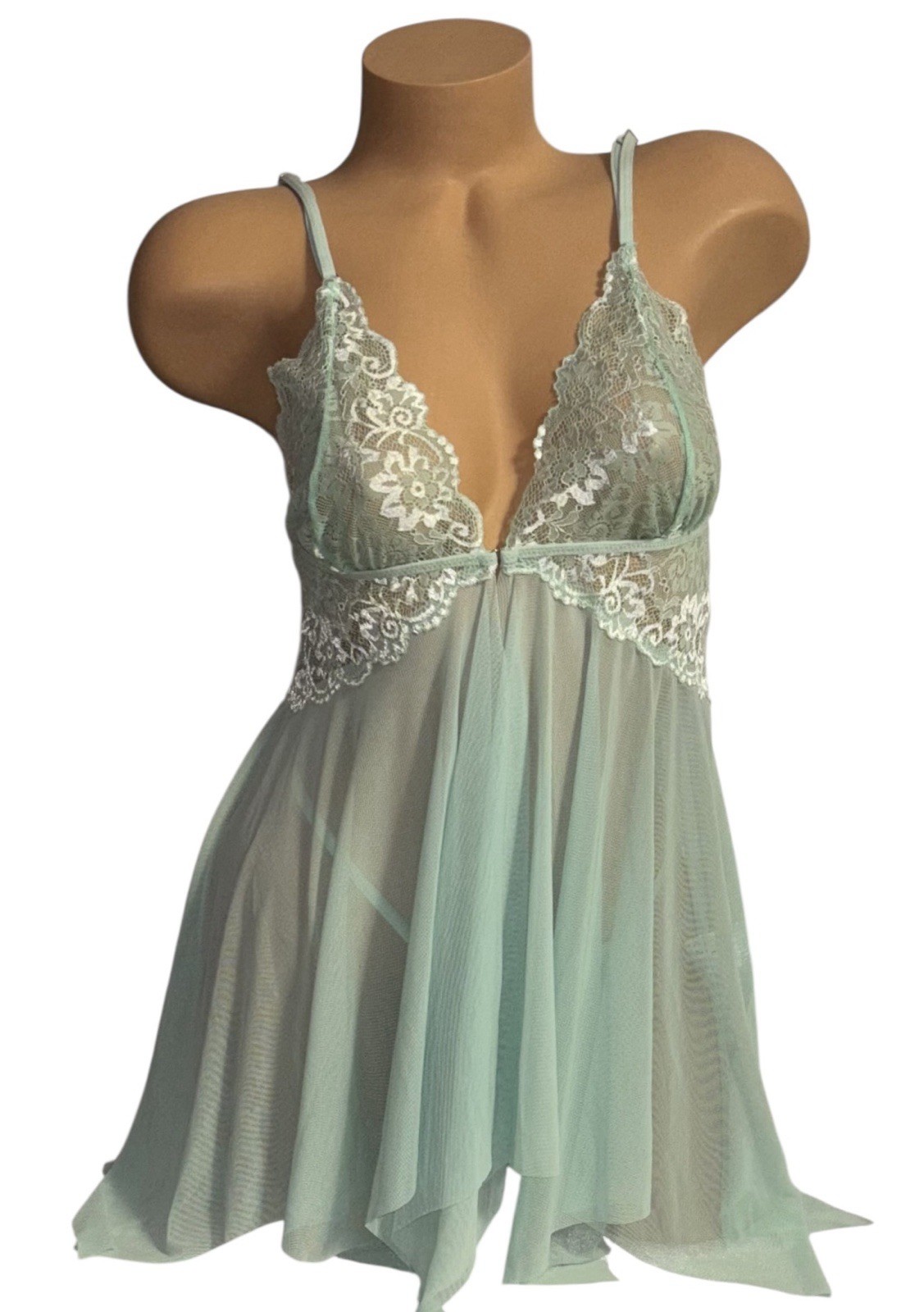 2PC AVIDLOVE Mint Green Shiny Sheer Lace Nightie & String Bikini Panties L NWT