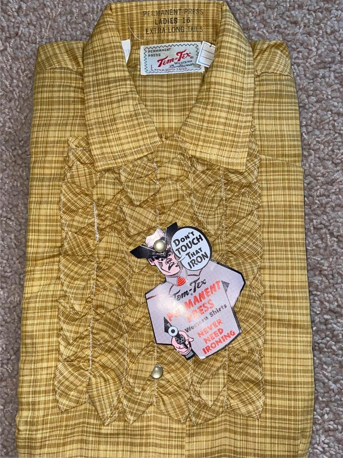 VTG 70s WOMENS XS PLAID STRIPE BROWN YELLOW BLUE TEM TEX WESTERN COWBOY SHIRT
