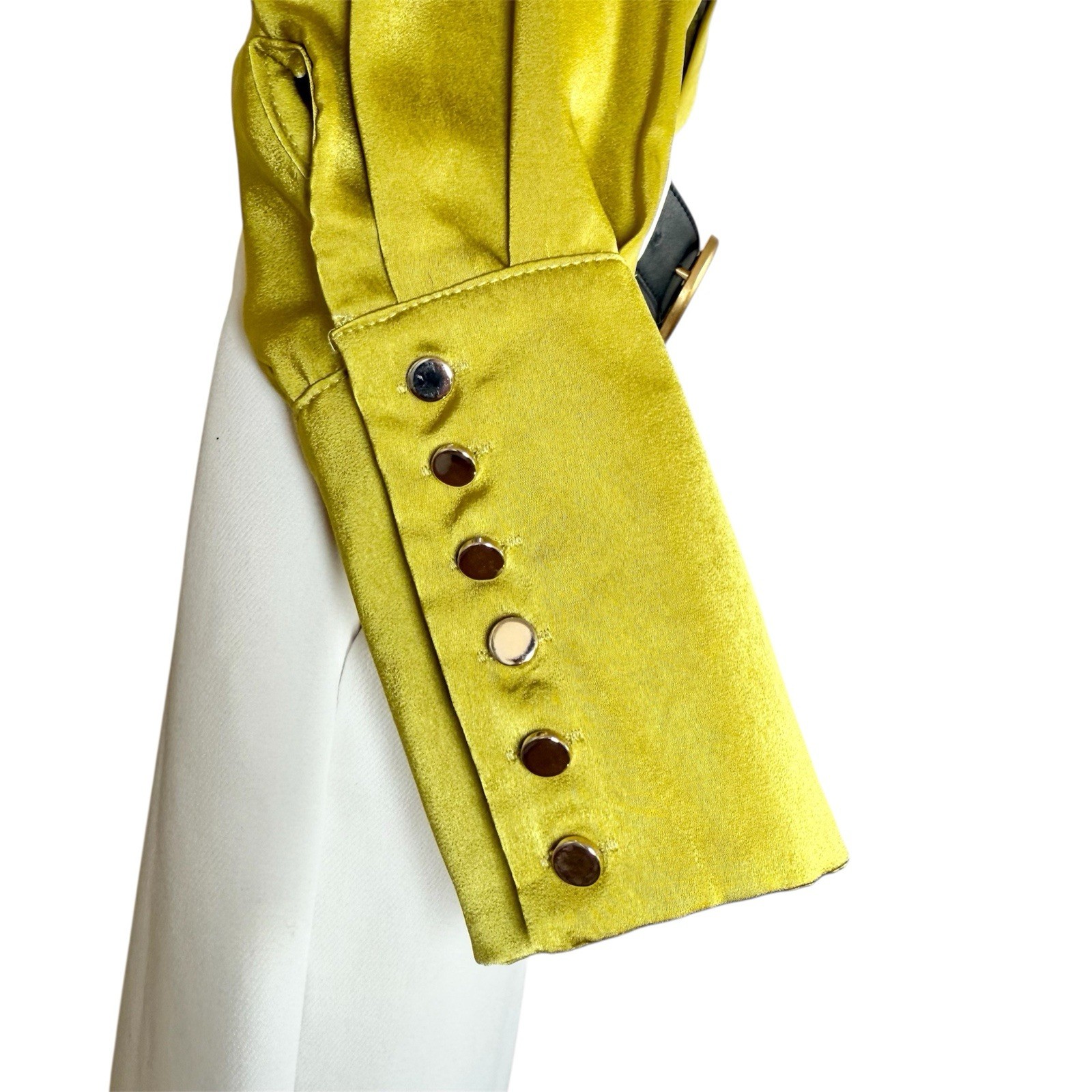 Vintage Mustard Yellow Satin Blouse Oversized Collar Chain Detail Size Small