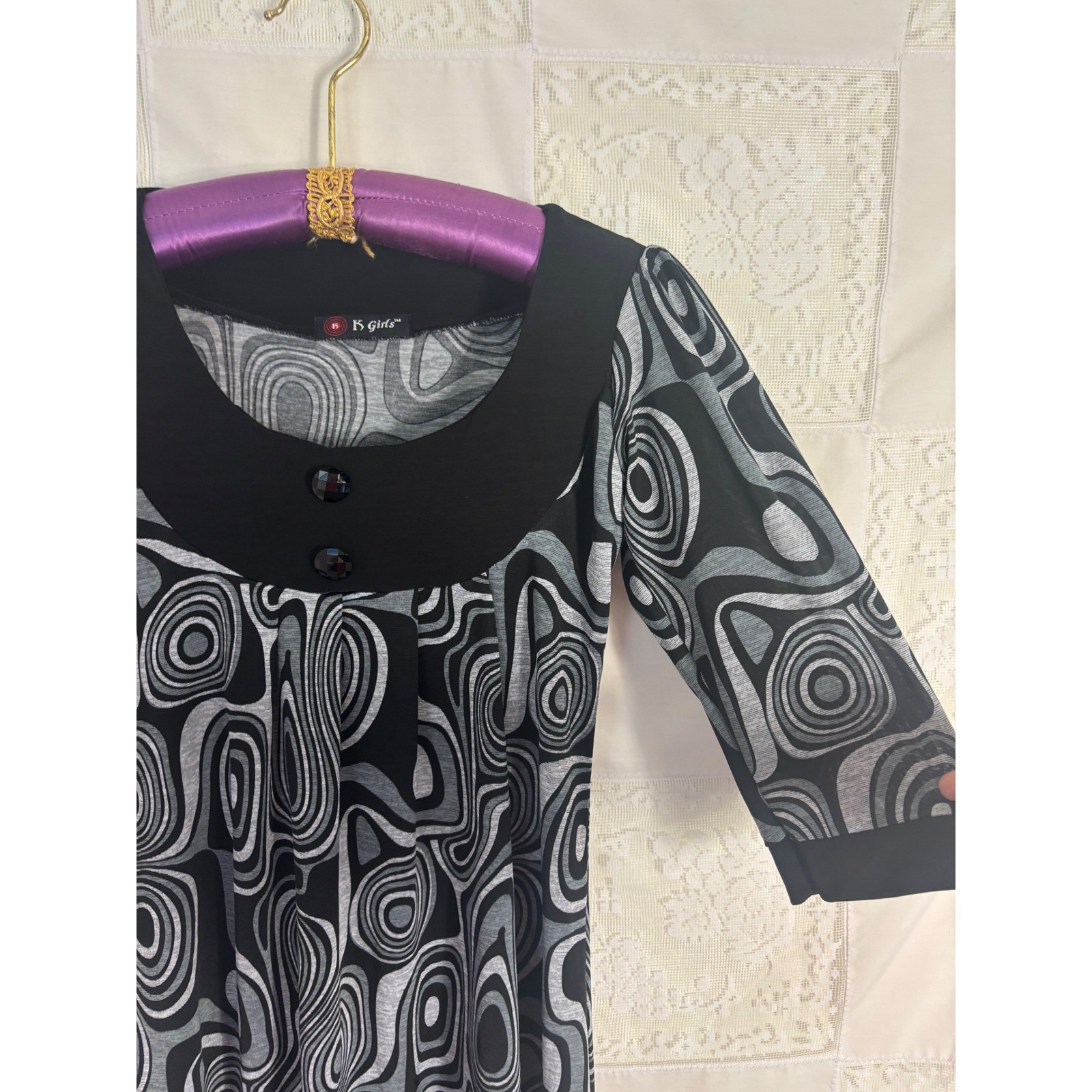 VTG Y2K 60’s/70’s Mod Black+Gray Artsy Retro 3/4 Sleeve Mini Dress Size S-M