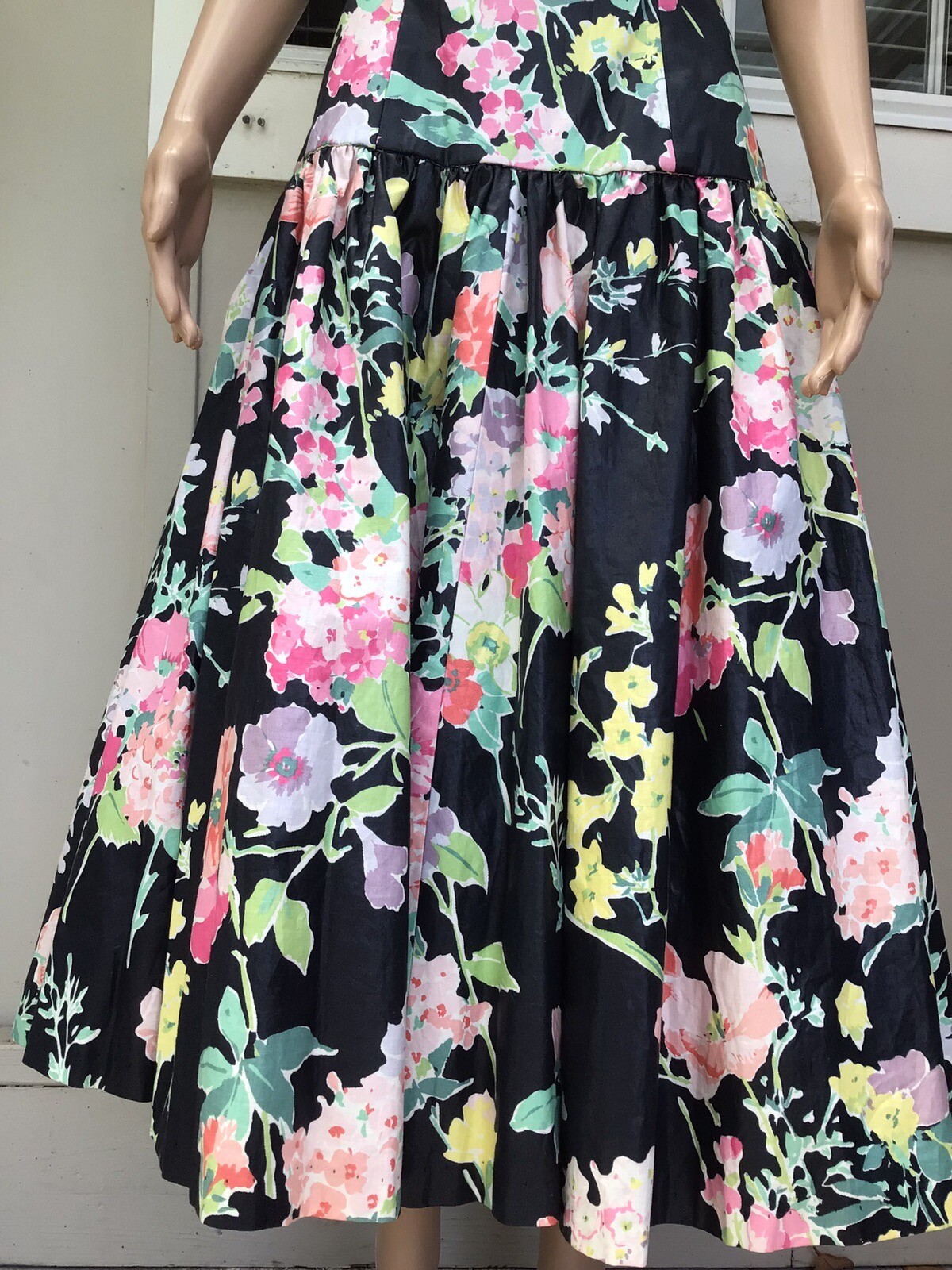 Vtg 80s S G Gilbert Black Floral Chintz Drop Waist Sleeveless Party Dress 8