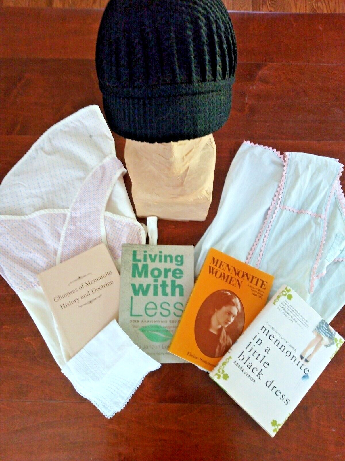 Vintage Mennonite Women’s Lot Bonnet, 2 Smock Aprons, Handkerchief, and 4 Books