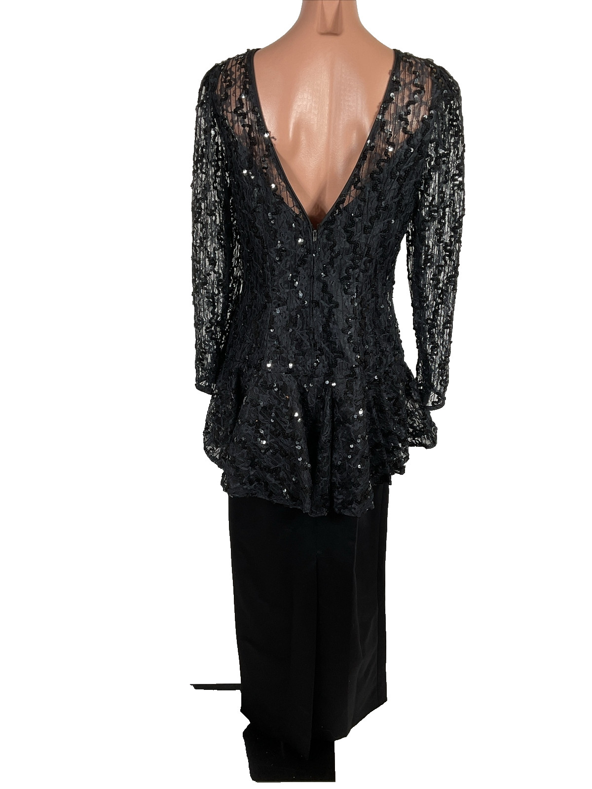 80s VTG Black Sequin Satin Sleeve Prom Party Formal Dress Long Sleeve M/L Bow