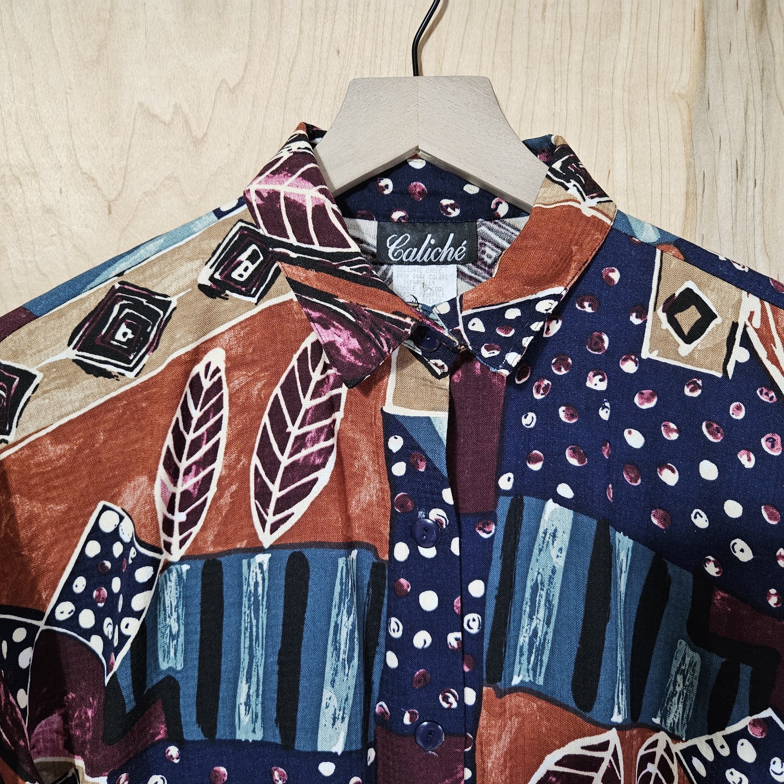 Caliche Collection Vintage 80s Multicolor Geometric Print Rayon Blouse Wmns Sz M