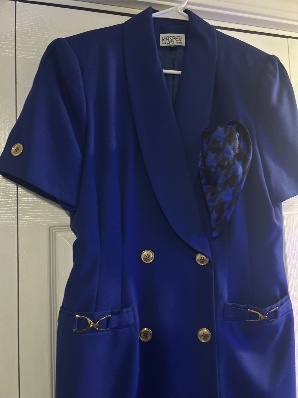 Vtg Kasper for ASL Royal Blue Dress 80s 90s Gold Button Horsebit Office Career