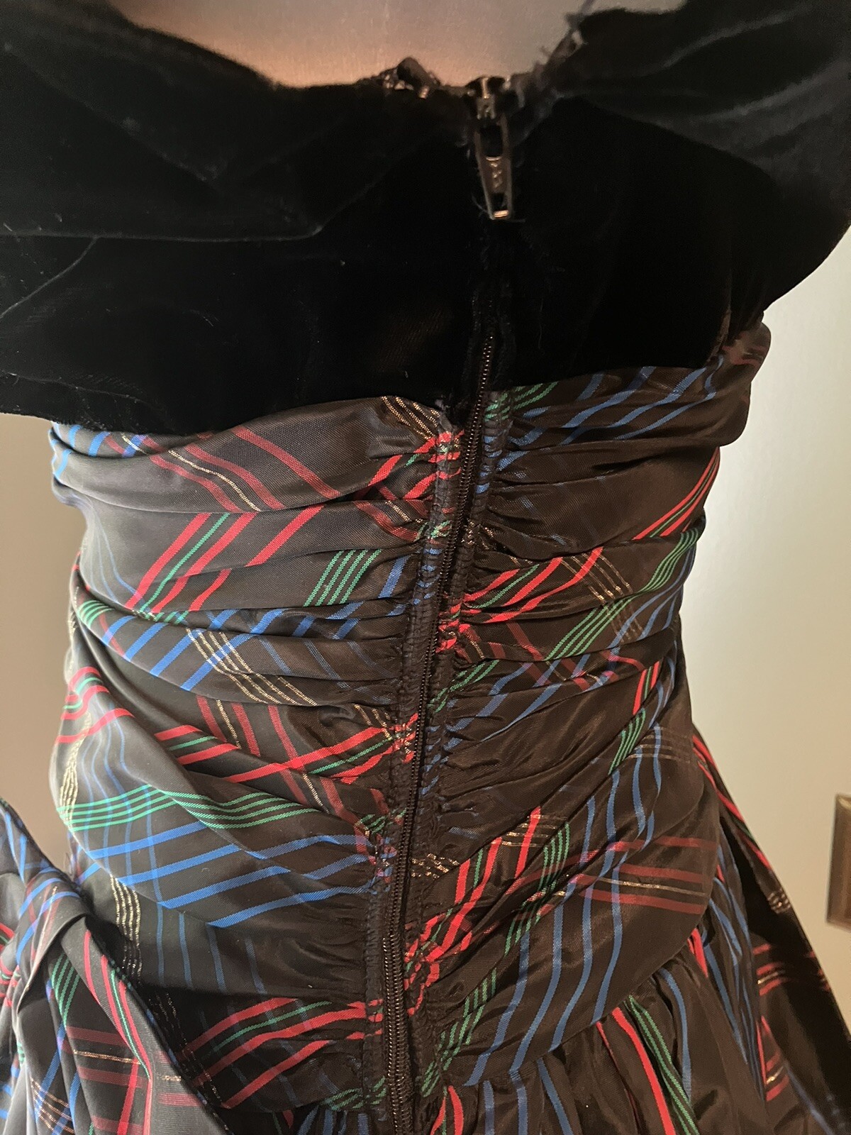 1980s Patty O`Neil Velvet & Plaid Taffeta Evening Dress, Ruching & Bow Size XS-S