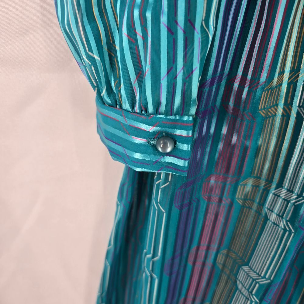 Vintage 80s Marinette Dress 14 Mock Neck Smocked Long Puffy Sleeve Sheer Striped