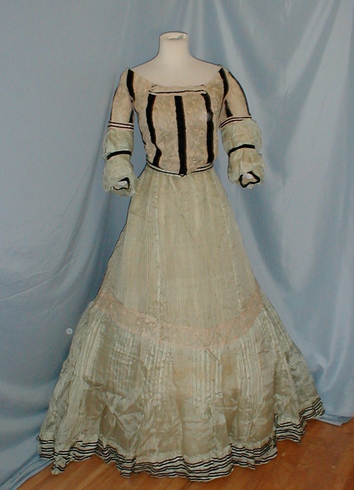 Enchanting Antique Dress Ballgown Victorian 1890 Stripe Blue Silk and Lace