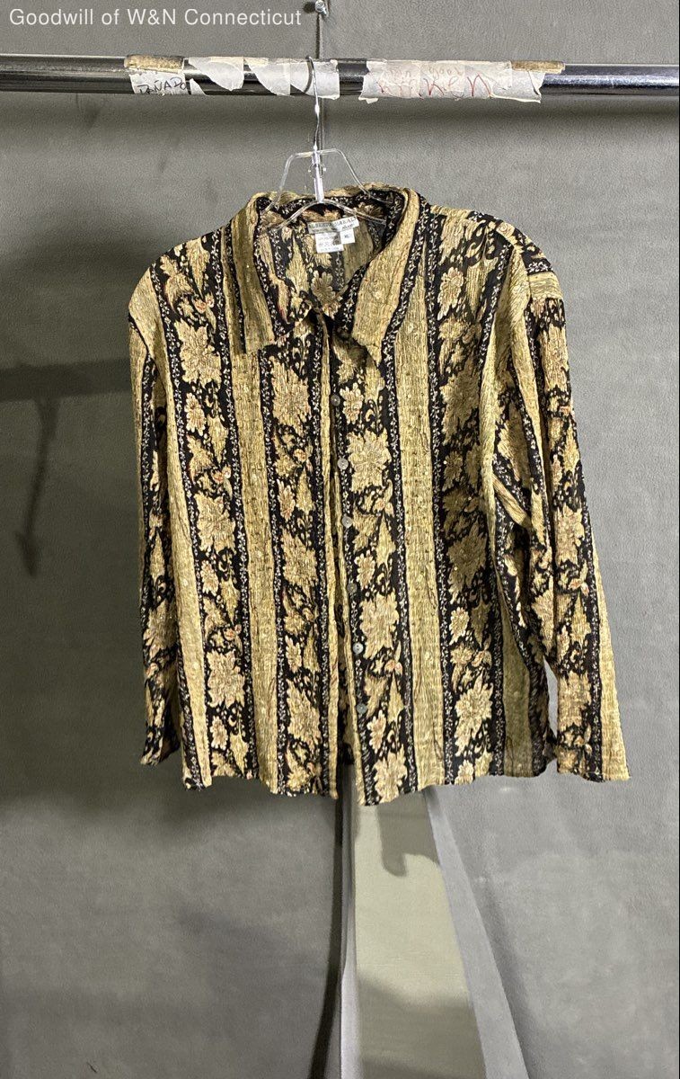 Vintage Y2K Alberto Makali Women’s Black Tan Floral Crinkle Blouse Sz XL
